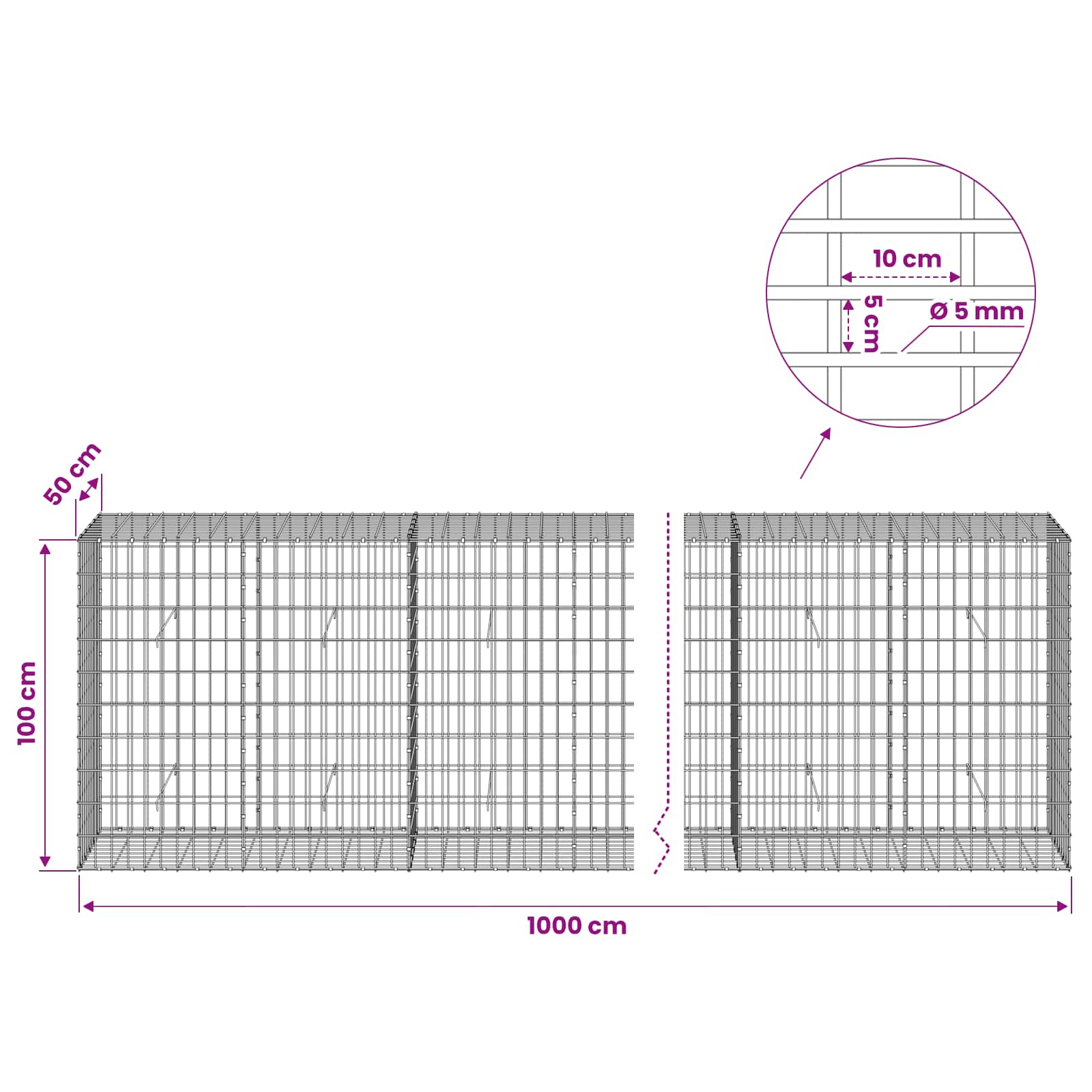 Gabion z žico 5 mm in mrežo 5x10 cm 1000x50x100 cm