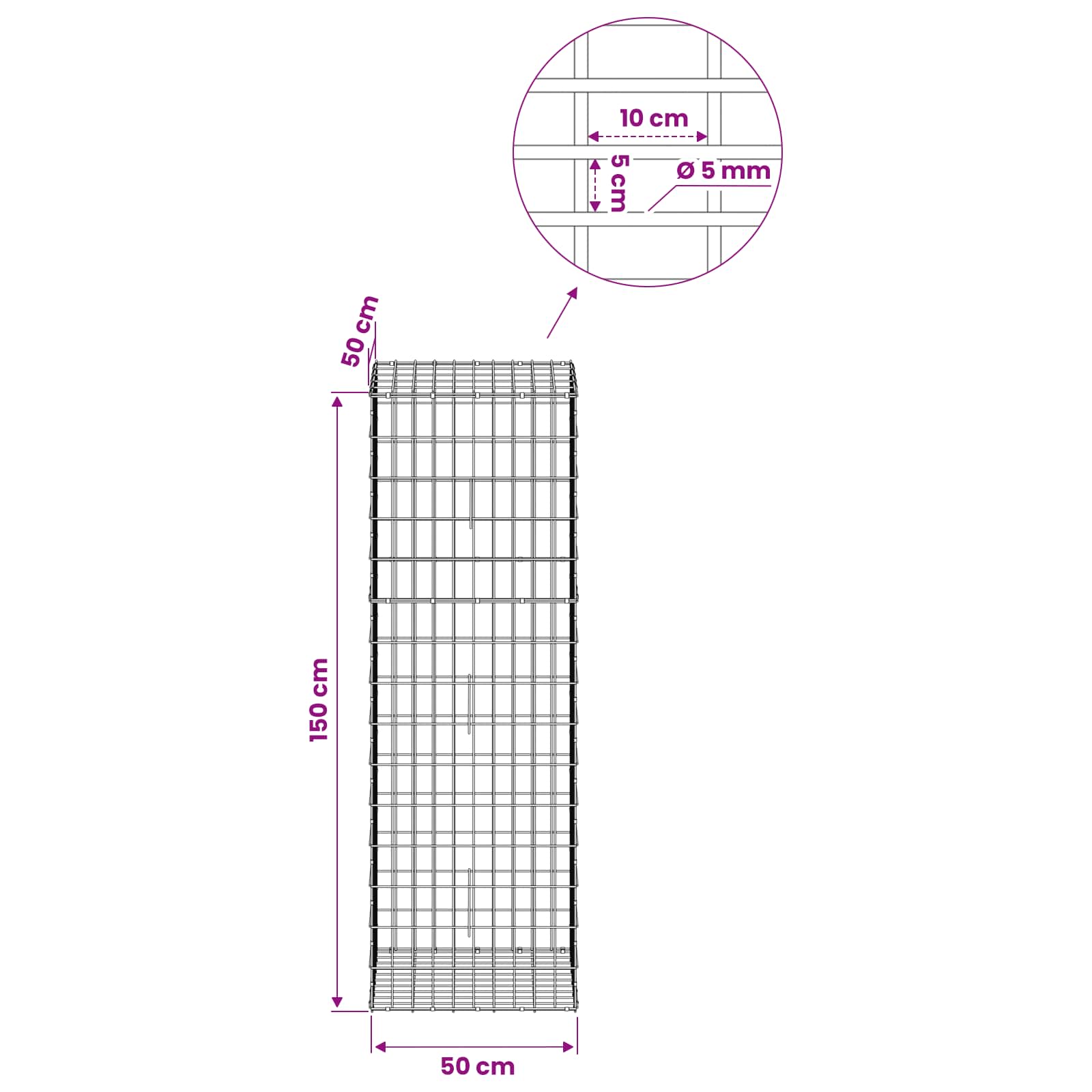 Gabion z žico 5 mm in mrežo 5x10 cm 50x50x150 cm