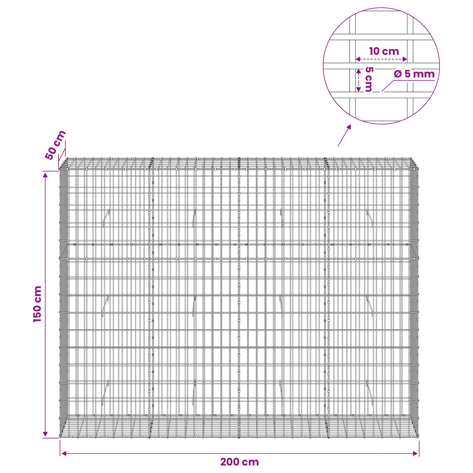 Gabion z žico 5 mm in mrežo 5x10 cm 200x50x150 cm