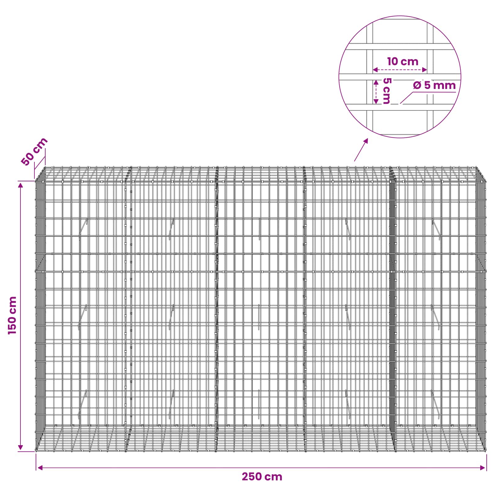 Gabion z žico 5 mm in mrežo 5x10 cm 250x50x150 cm