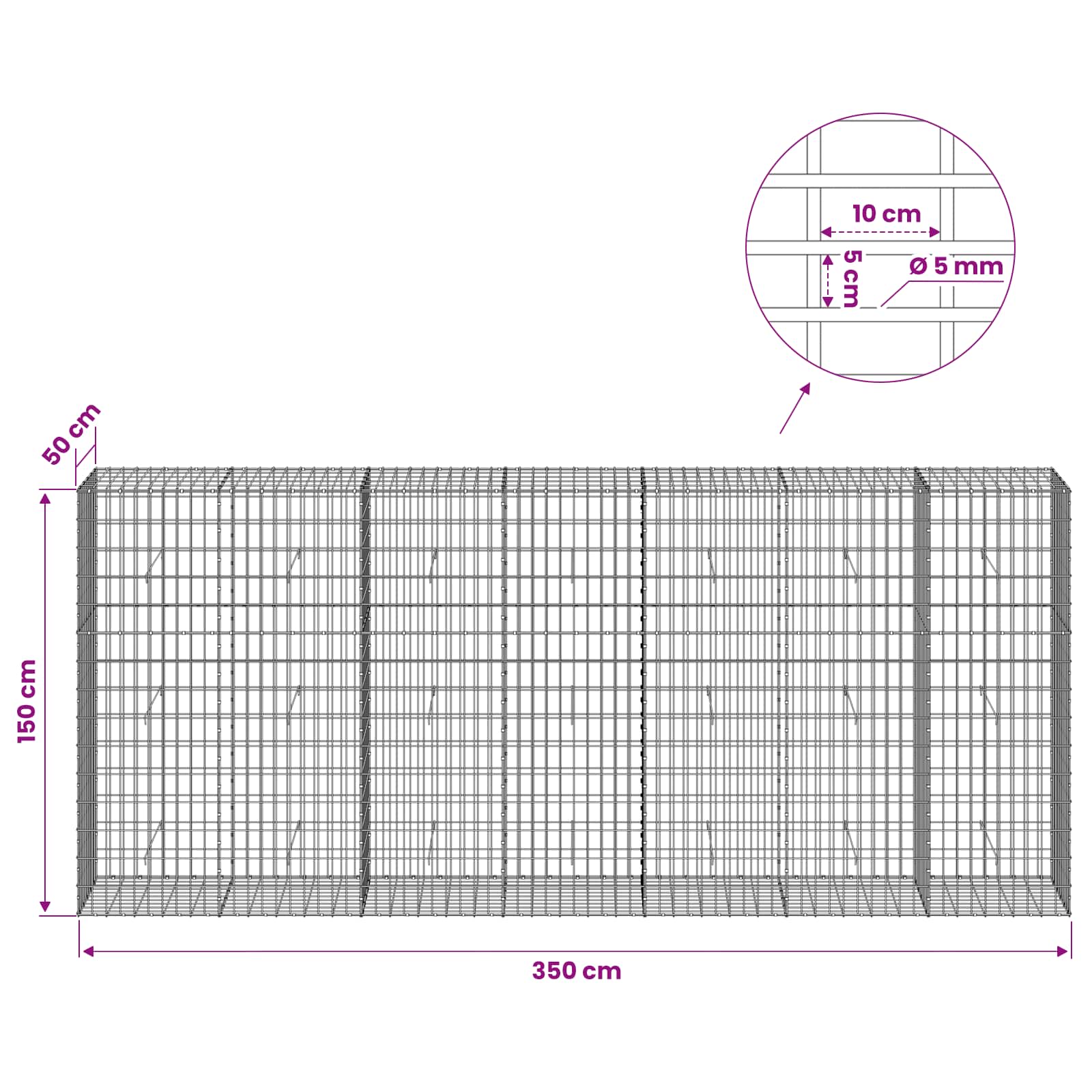 Gabion z žico 5 mm in mrežo 5x10 cm 350x50x150 cm