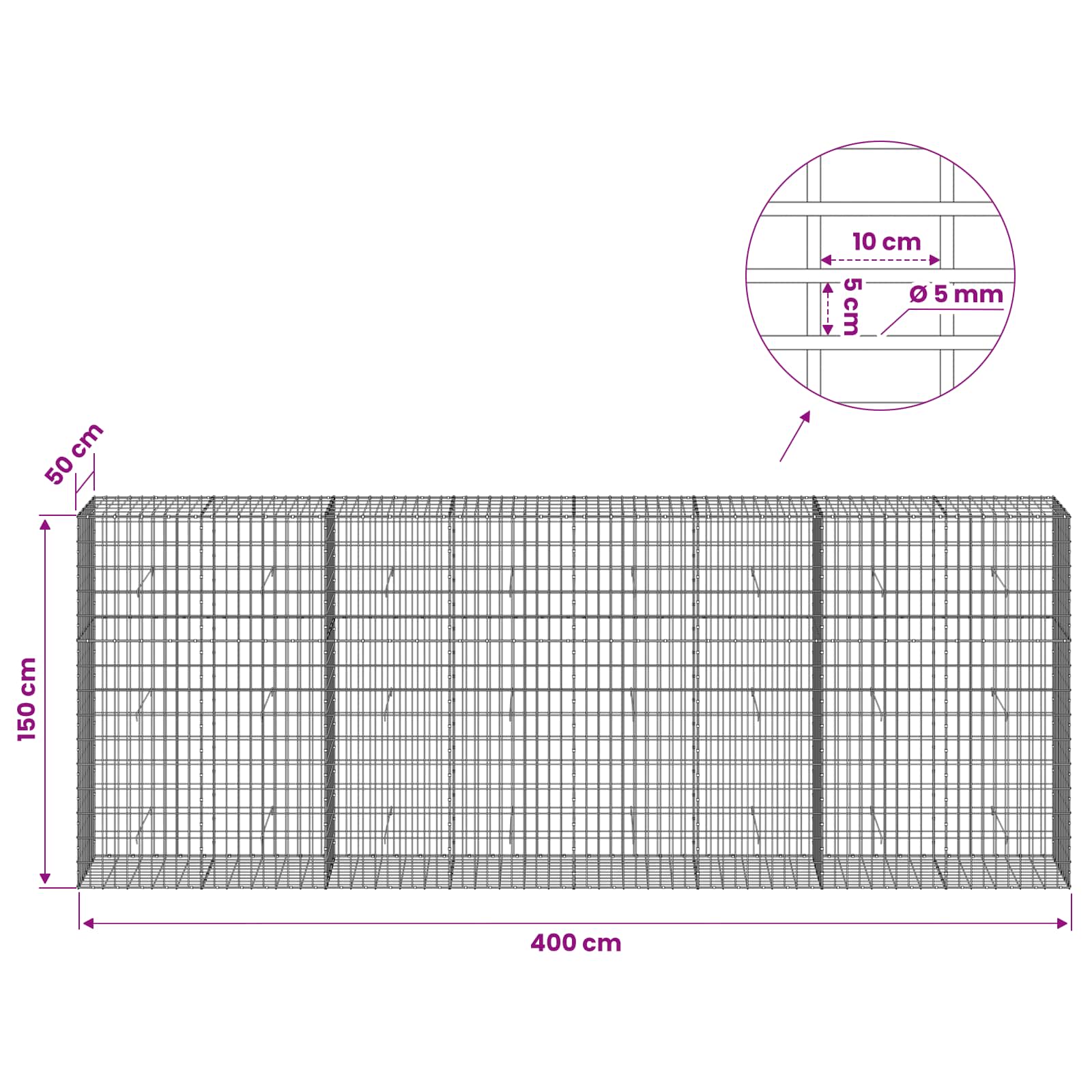 Gabion z žico 5 mm in mrežo 5x10 cm 400x50x150 cm