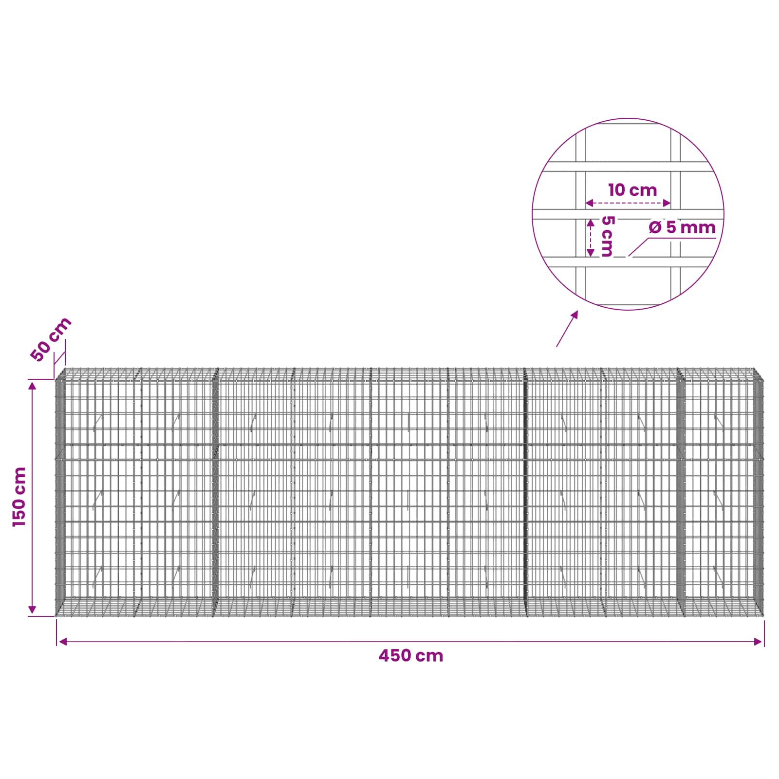 Gabion z žico 5 mm in mrežo 5x10 cm 450x50x150 cm
