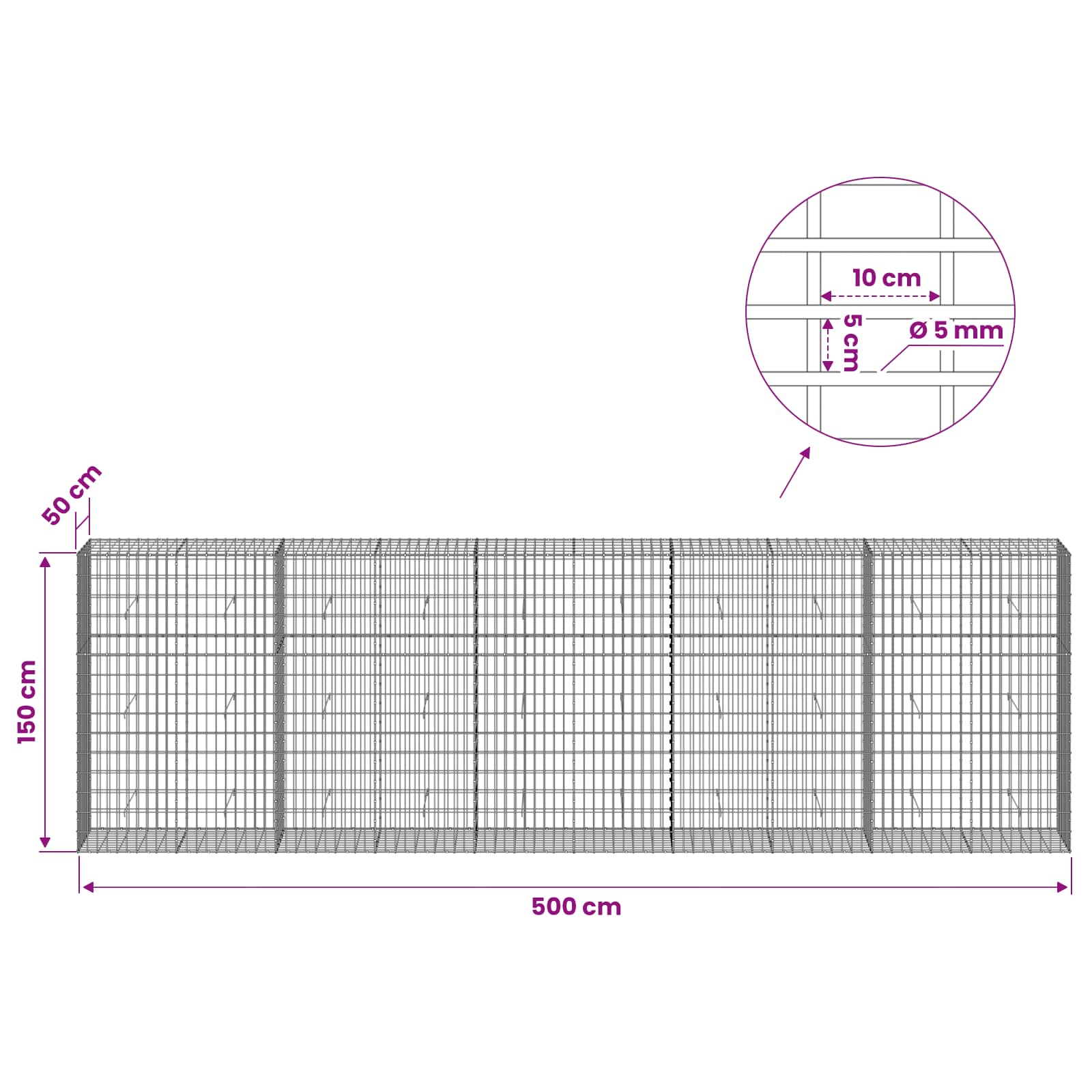 Gabion z žico 5 mm in mrežo 5x10 cm 500x50x150 cm