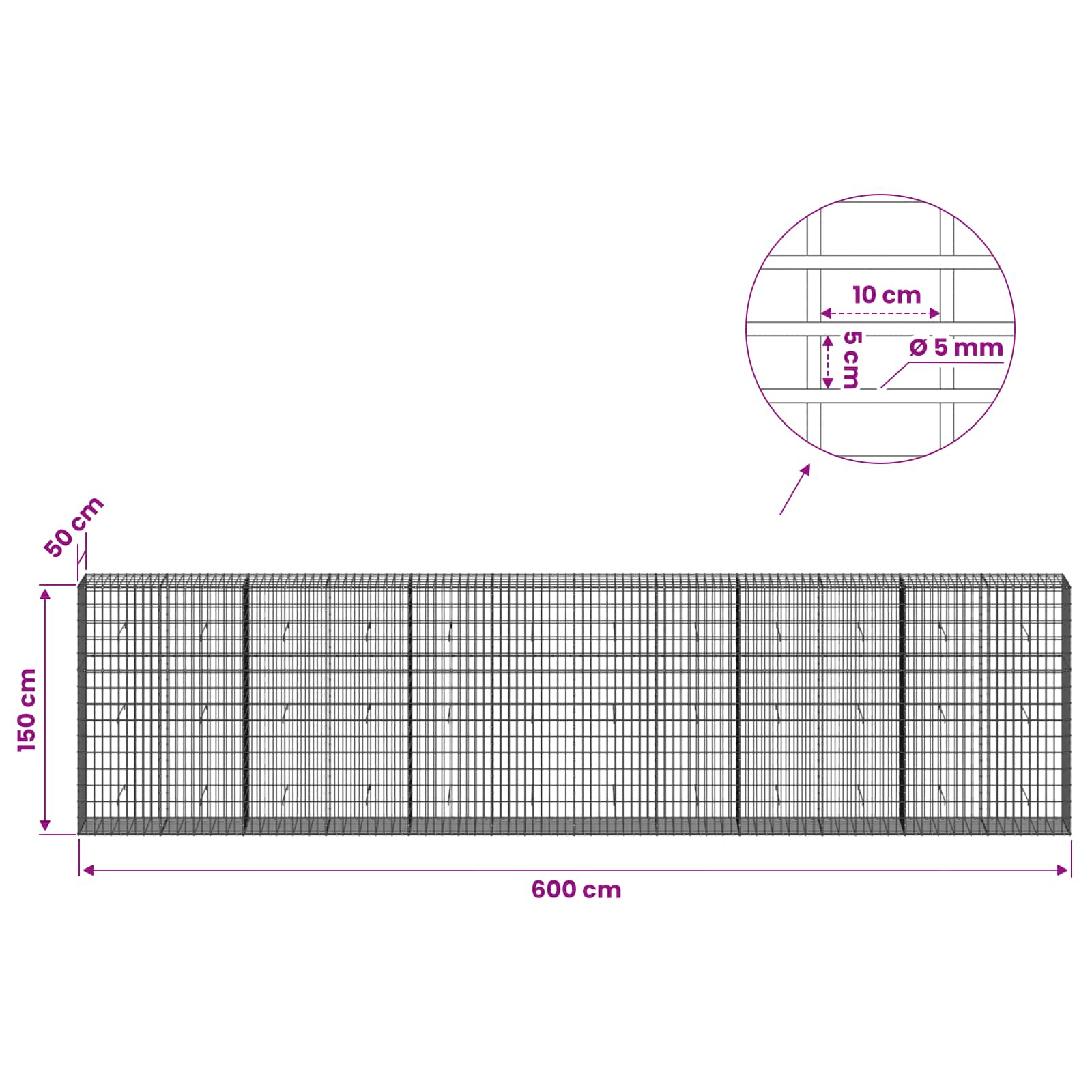 Gabion z žico 5 mm in mrežo 5x10 cm 600x50x150 cm
