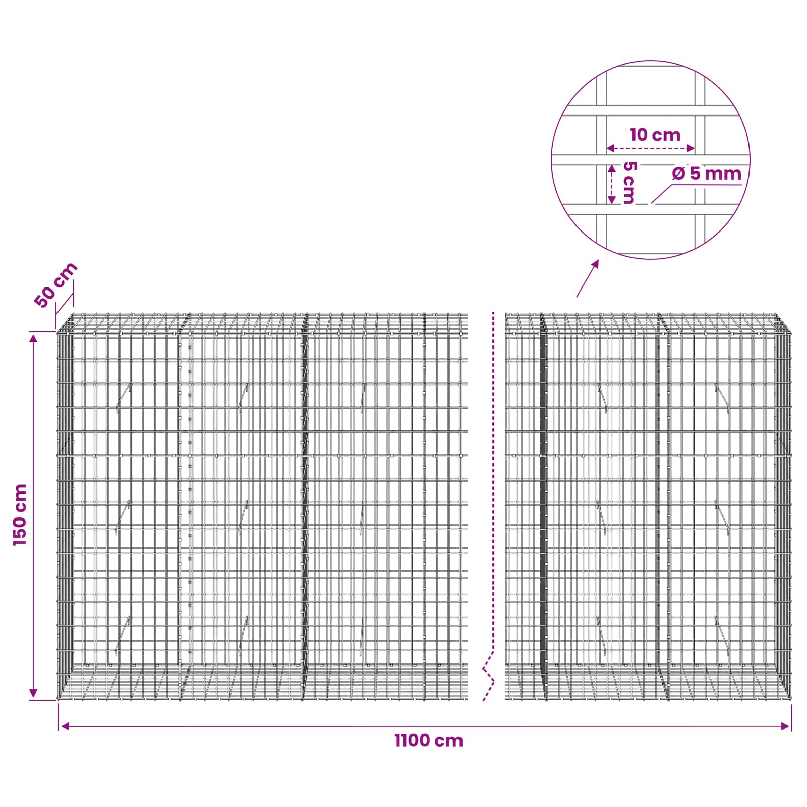 Gabion z žico 5 mm in mrežo 5x10 cm 1100x50x150 cm