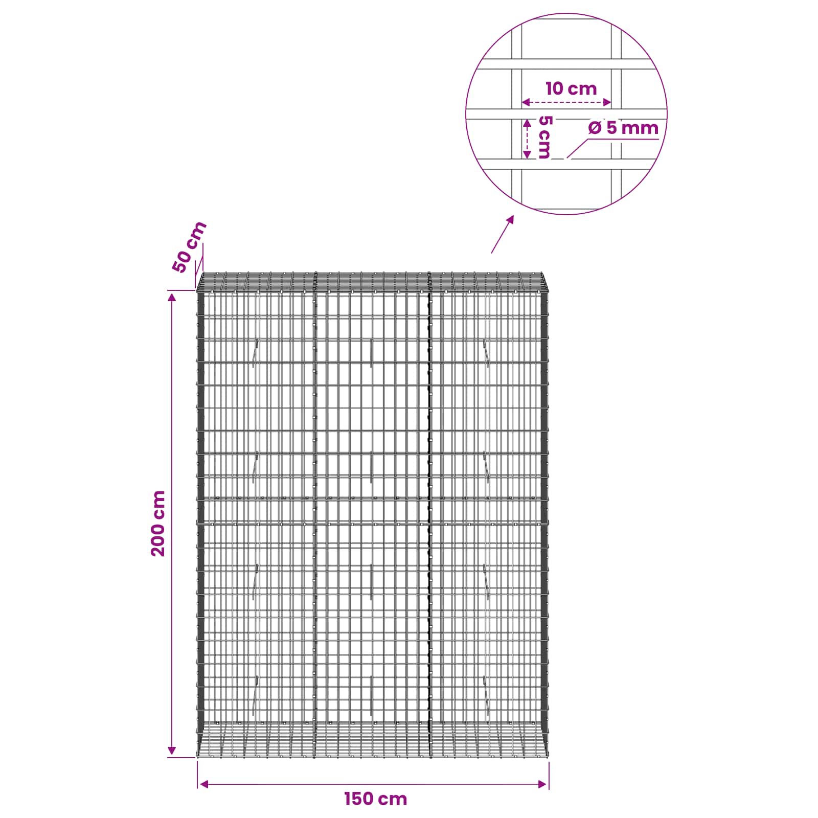 Gabion z žico 5 mm in mrežo 5x10 cm 150x50x200 cm