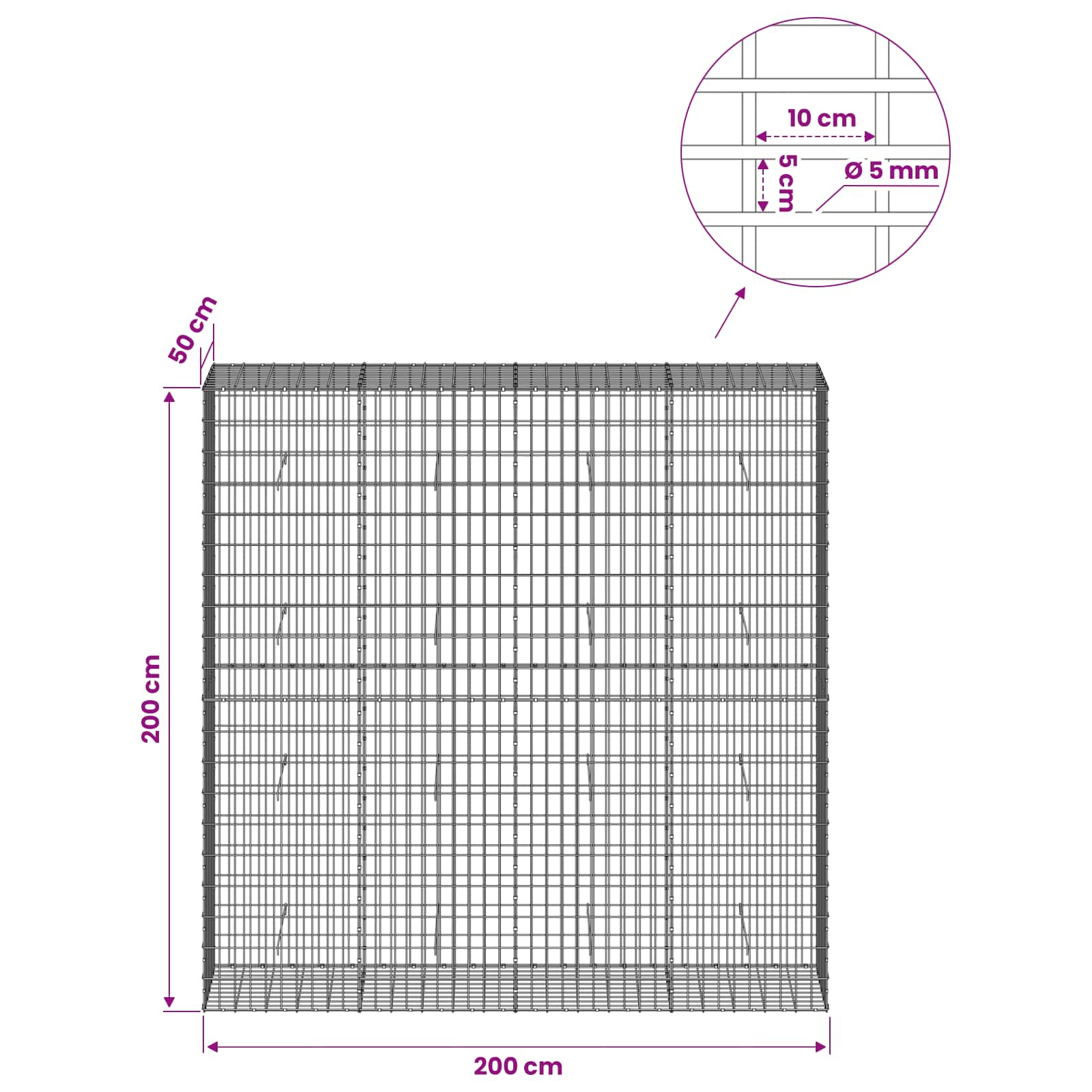 Gabion z žico 5 mm in mrežo 5x10 cm 200x50x200 cm