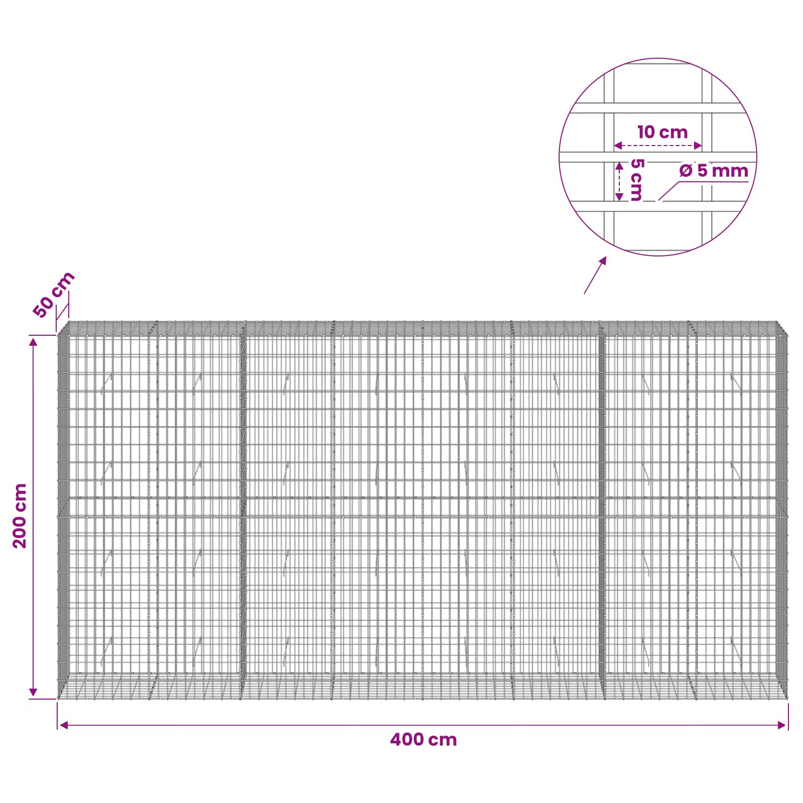 Gabion z žico 5 mm in mrežo 5x10 cm 400x50x200 cm