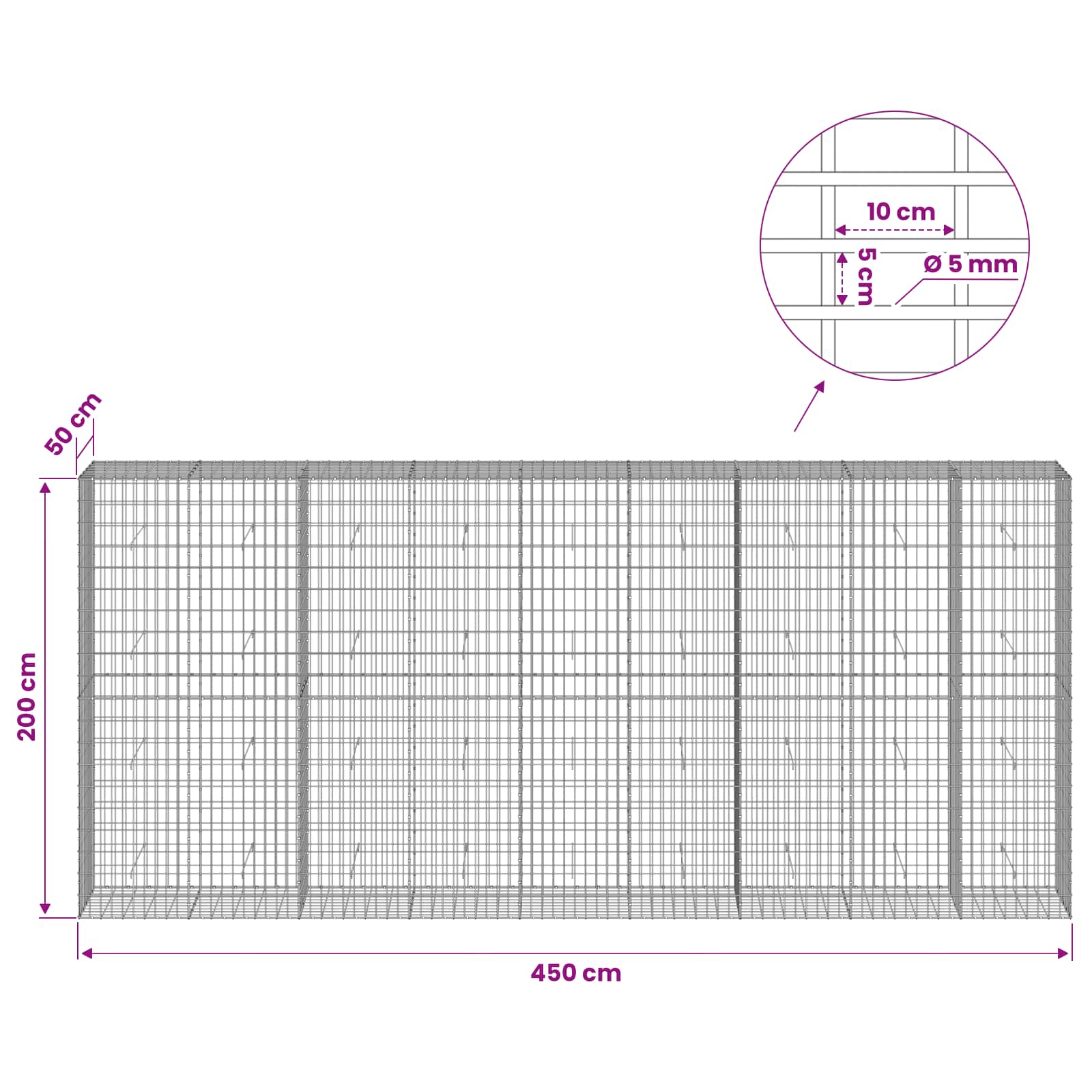 Gabion z žico 5 mm in mrežo 5x10 cm 450x50x200 cm