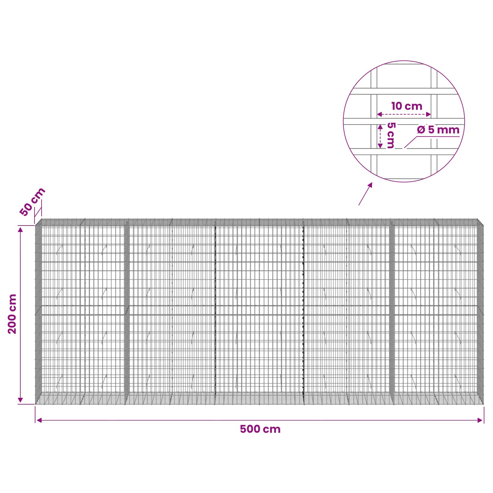 Gabion z žico 5 mm in mrežo 5x10 cm 500x50x200 cm