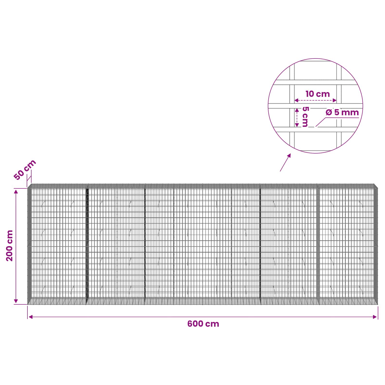 Gabion z žico 5 mm in mrežo 5x10 cm 600x50x200 cm