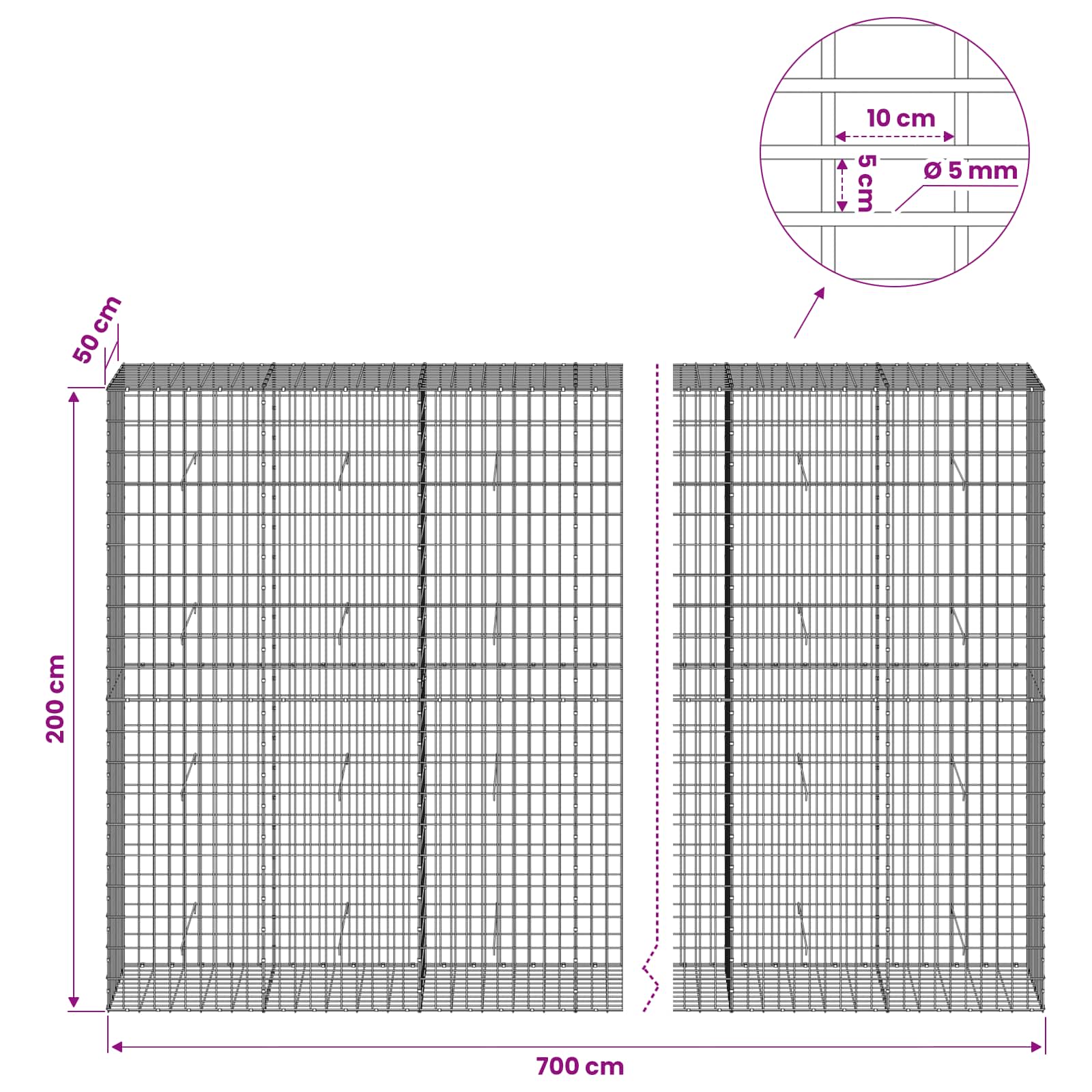 Gabion z žico 5 mm in mrežo 5x10 cm 700x50x200 cm