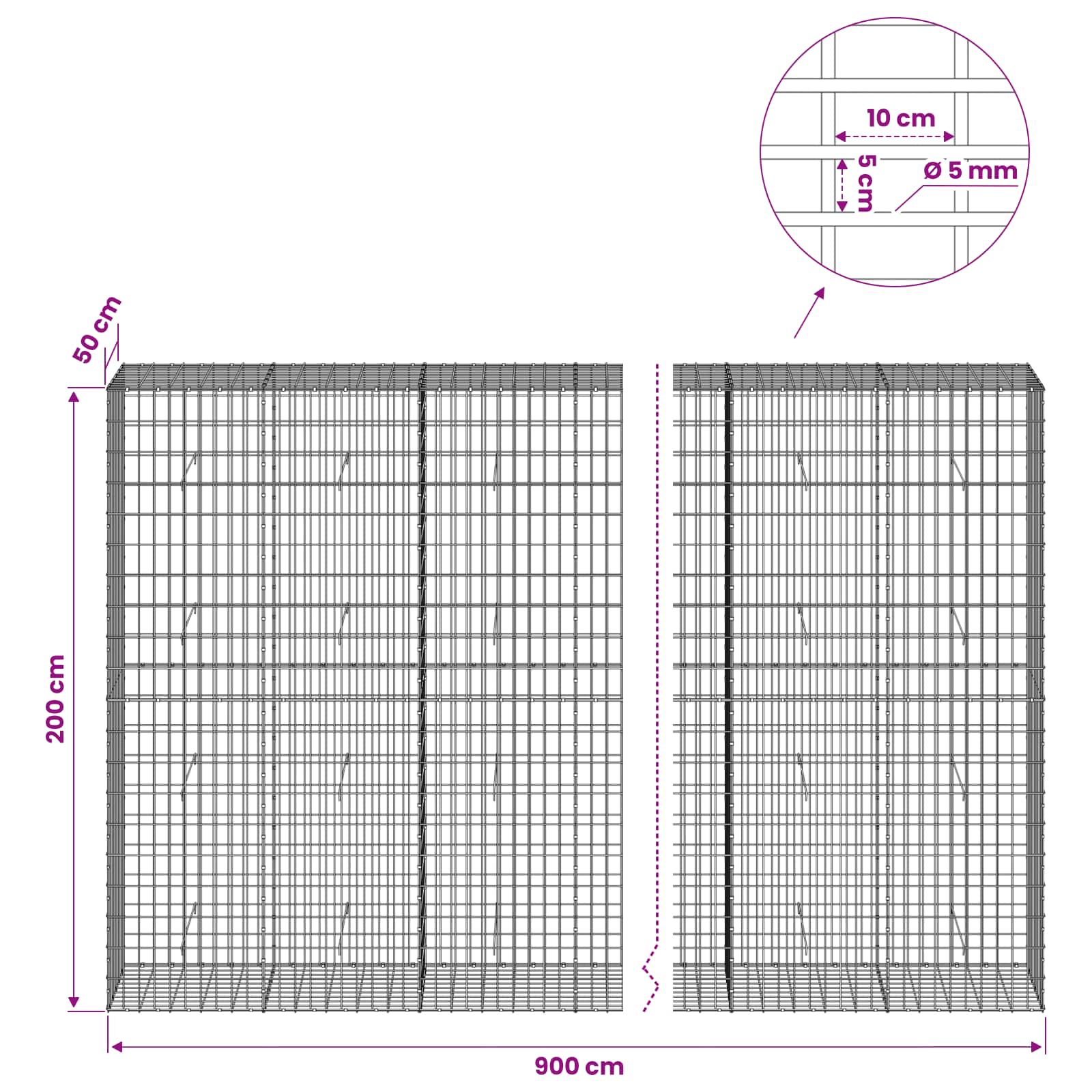 Gabion z žico 5 mm in mrežo 5x10 cm 900x50x200 cm