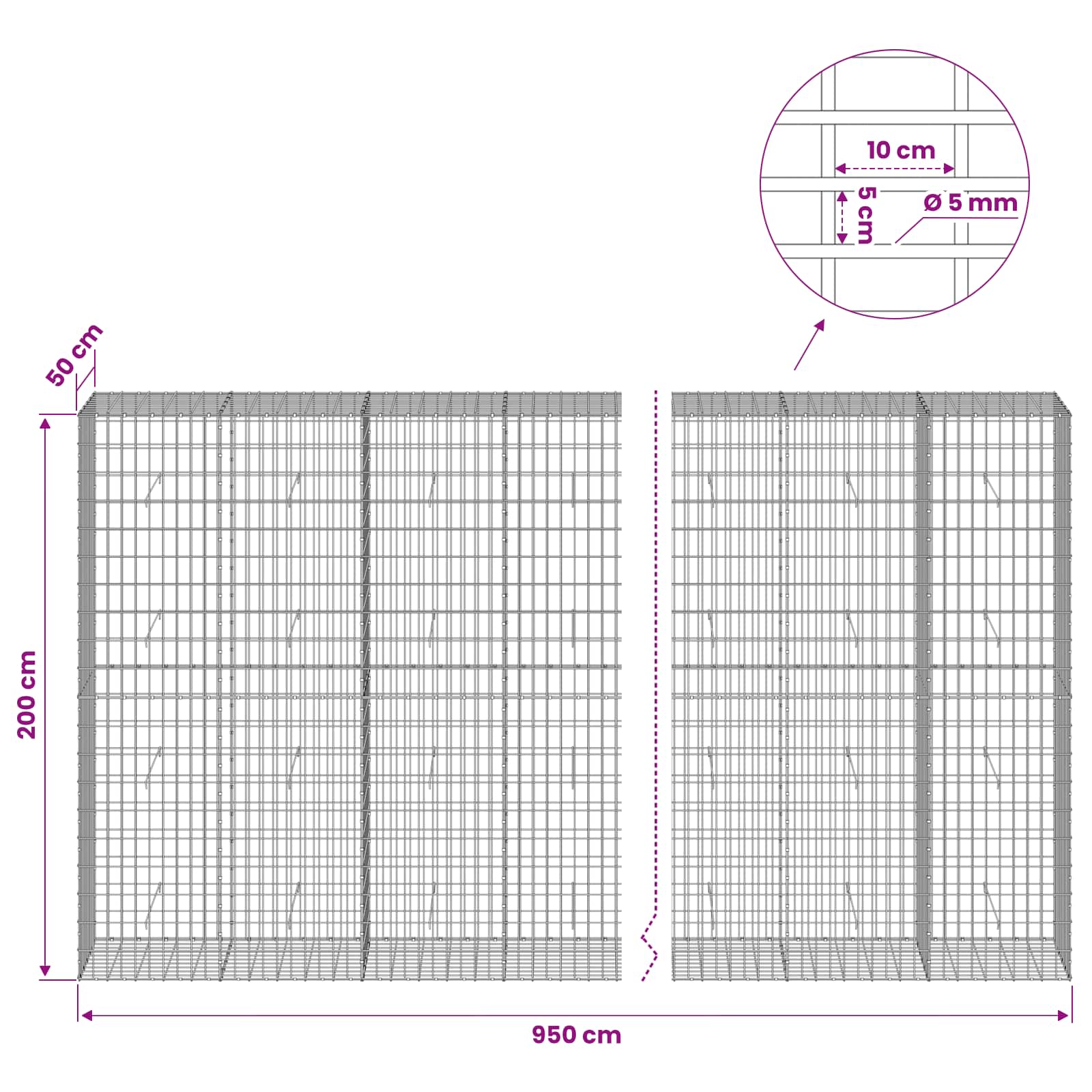 Gabion z žico 5 mm in mrežo 5x10 cm 950x50x200 cm