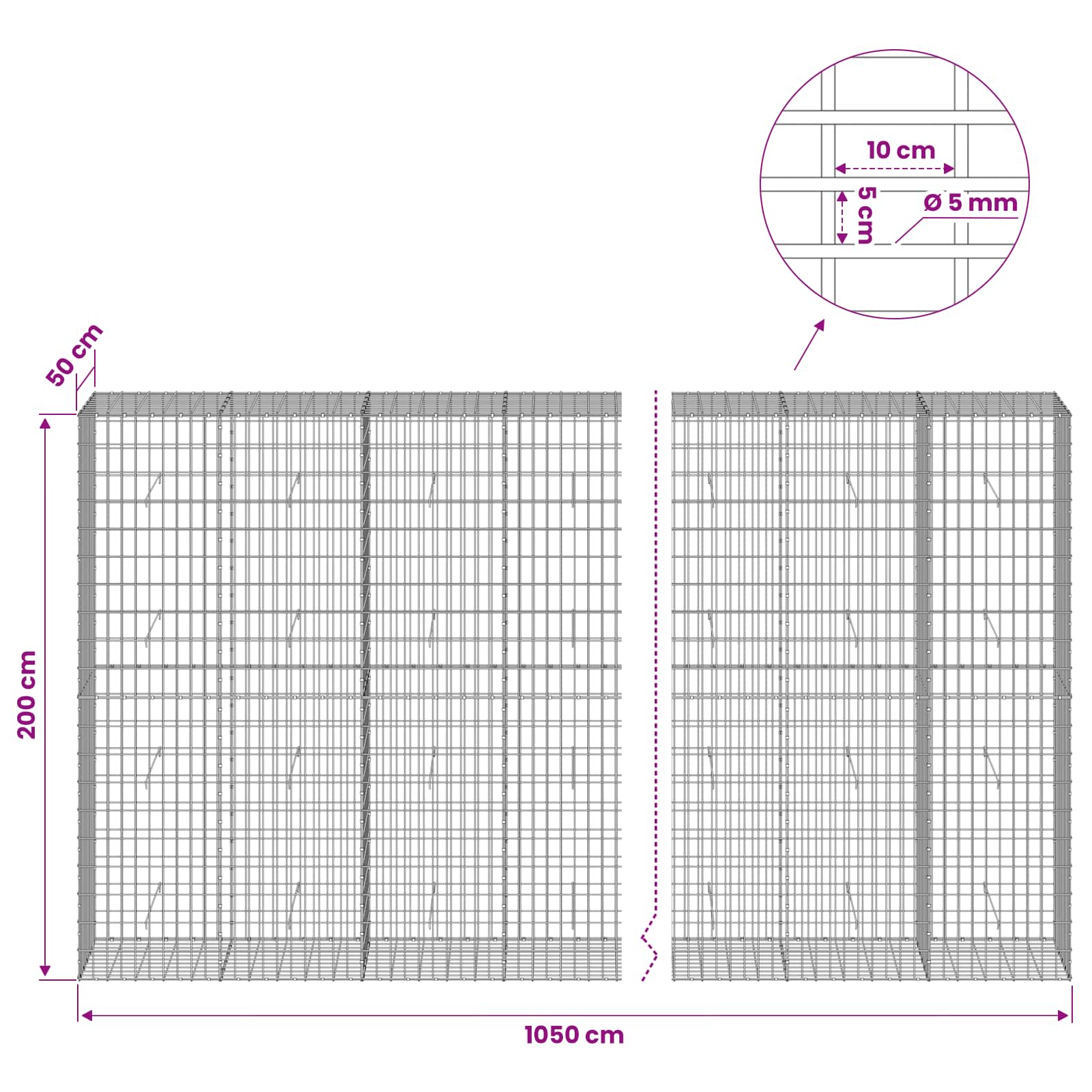 Gabion z žico 5 mm in mrežo 5x10 cm 1050x50x200 cm