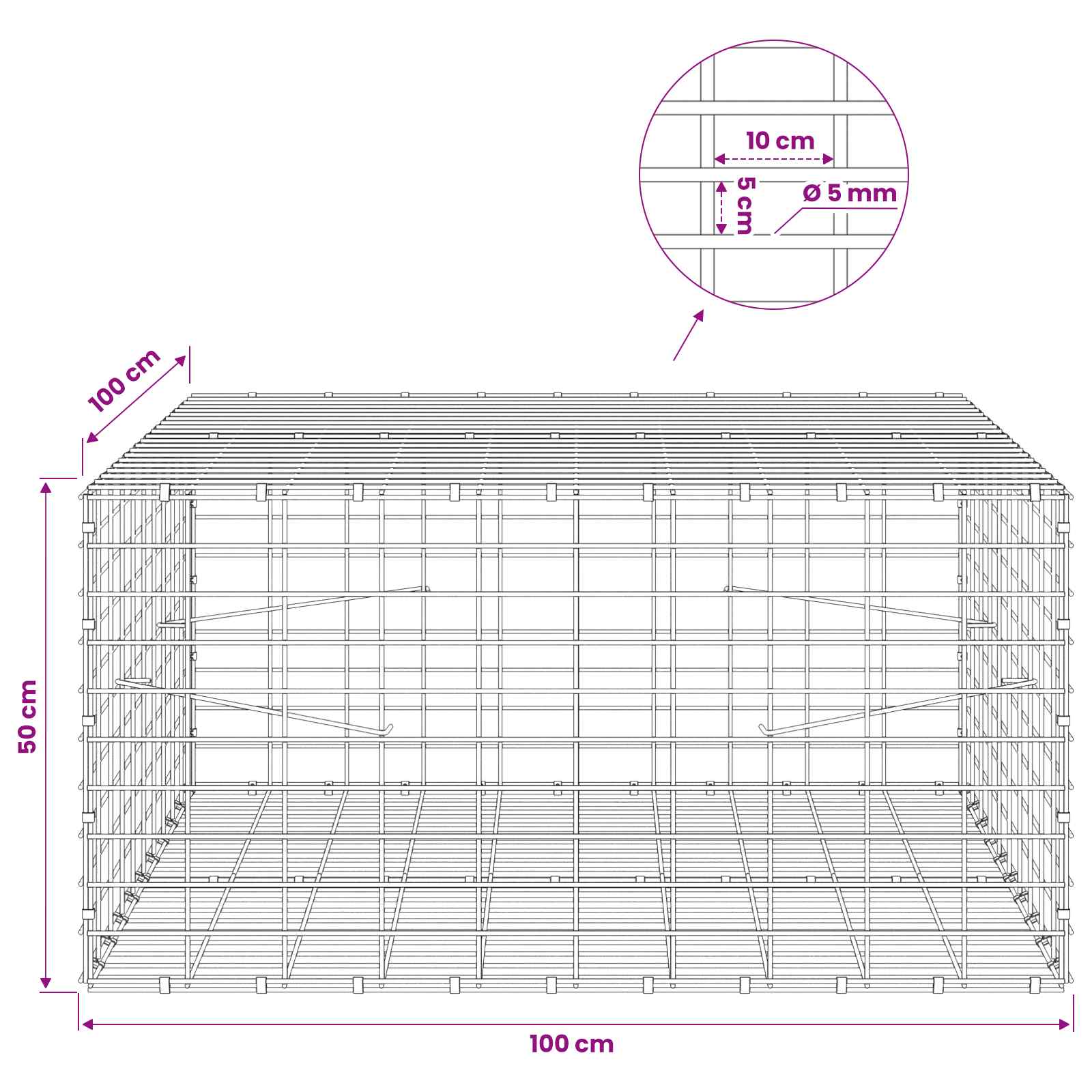 Gabion z žico 5 mm in mrežo 5x10 cm 100x100x50 cm