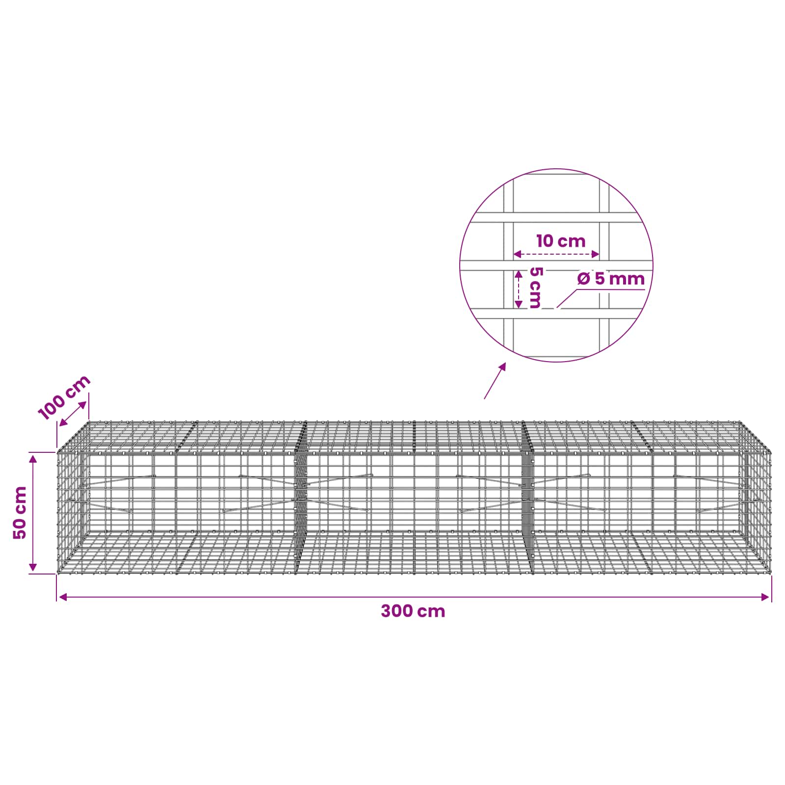 Gabion z žico 5 mm in mrežo 5x10 cm 300x100x50 cm