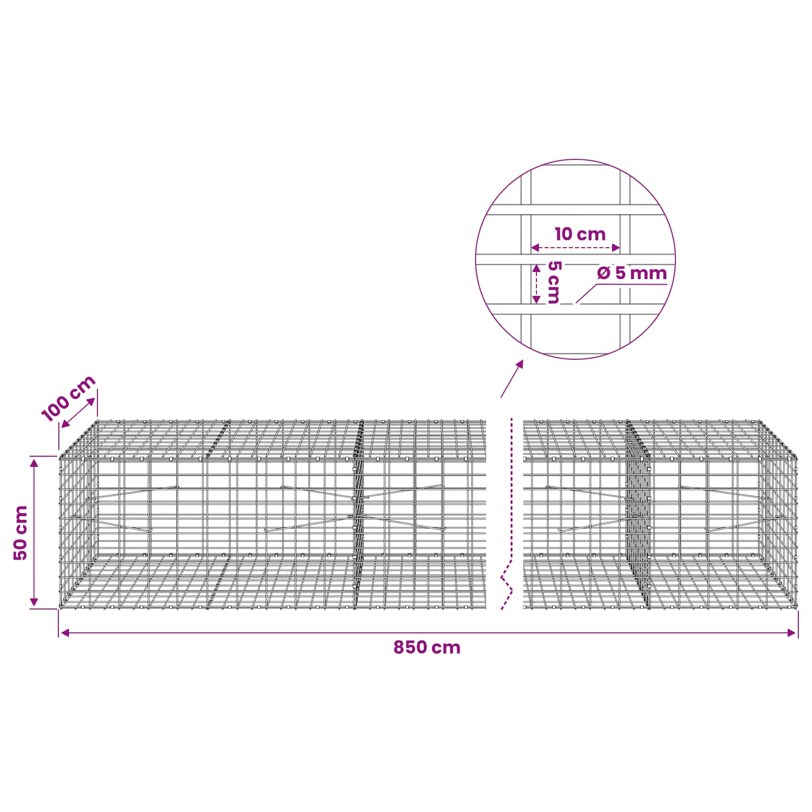 Gabion z žico 5 mm in mrežo 5x10 cm 850x100x50 cm