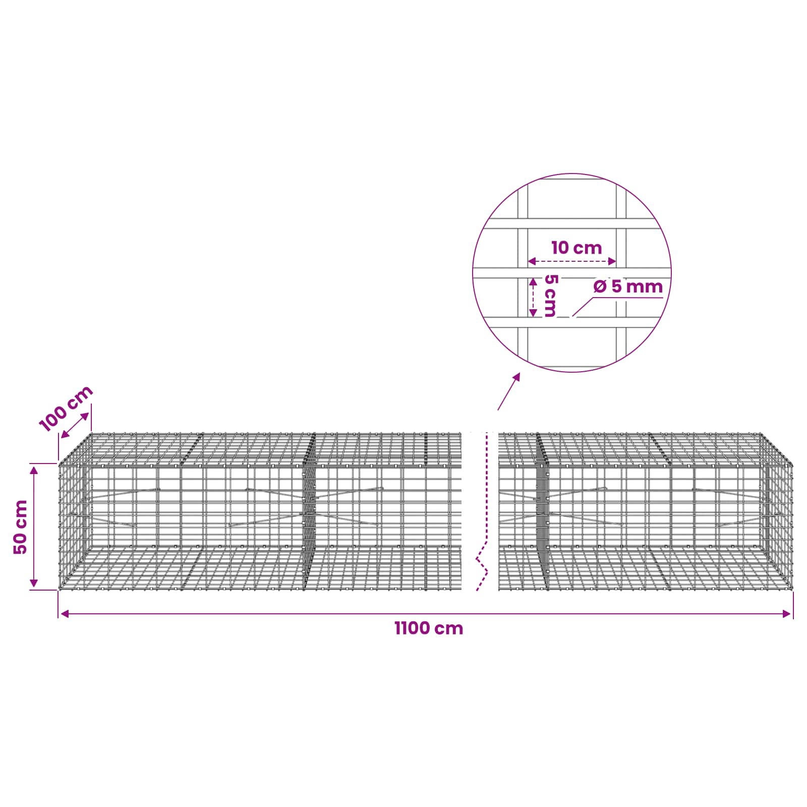 vidaXL Gabione mit 5 mm Draht und 5x10 cm Maschen 1100x100x50 cm – Bild 6