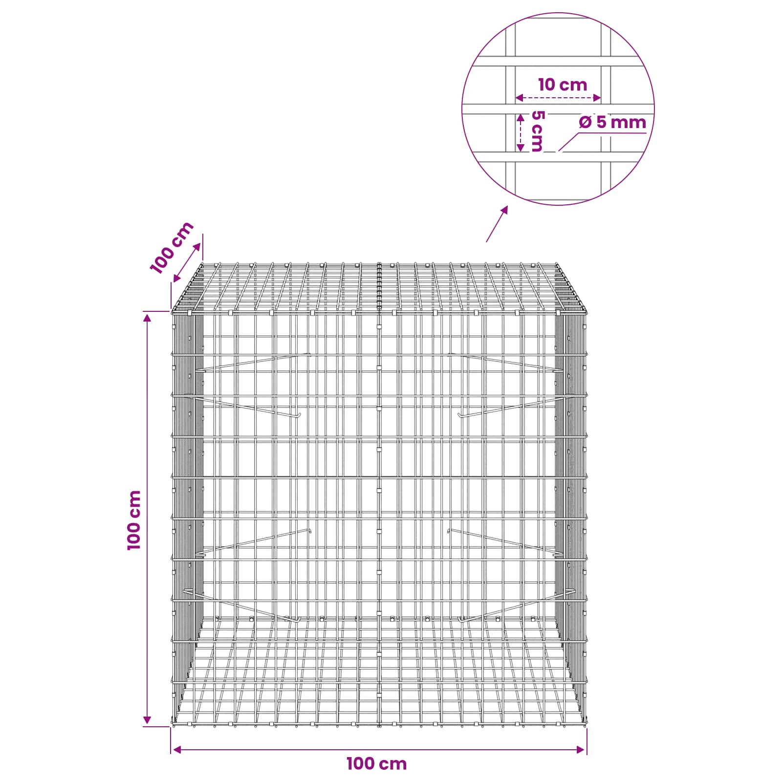 Gabion z žico 5 mm in mrežo 5x10 cm 100x100x100 cm