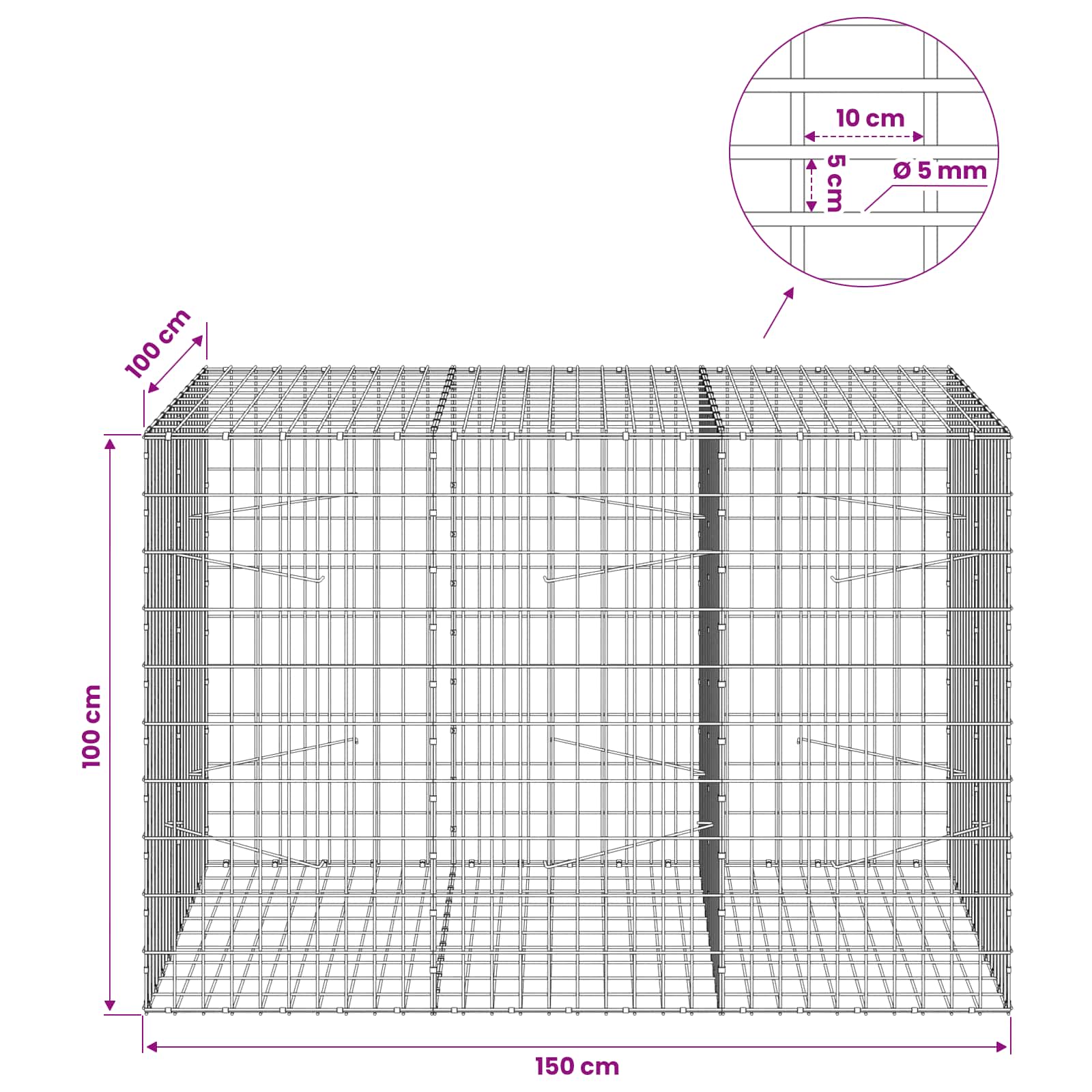 Gabion z žico 5 mm in mrežo 5x10 cm 150x100x100 cm