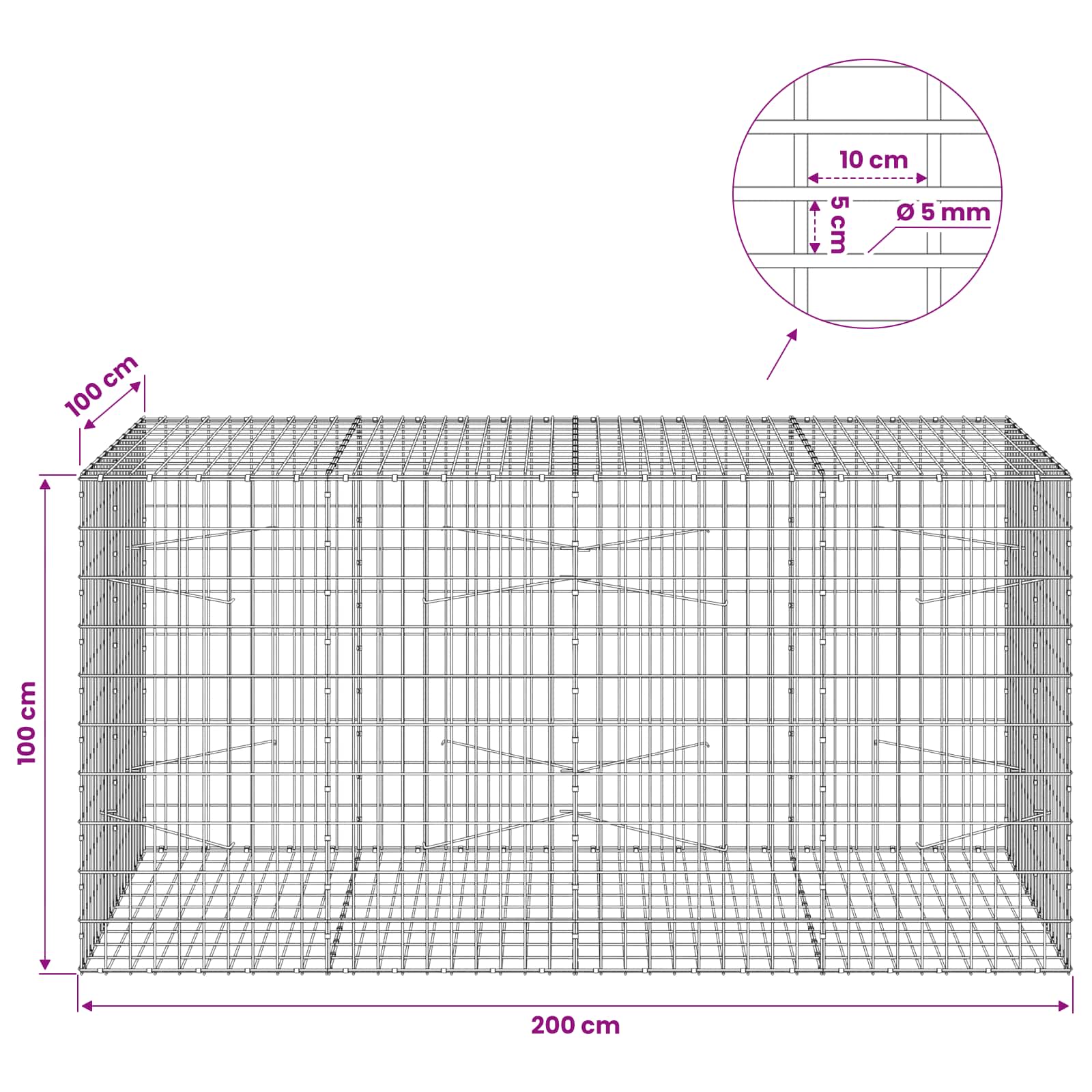 Gabion z žico 5 mm in mrežo 5x10 cm 200x100x100 cm