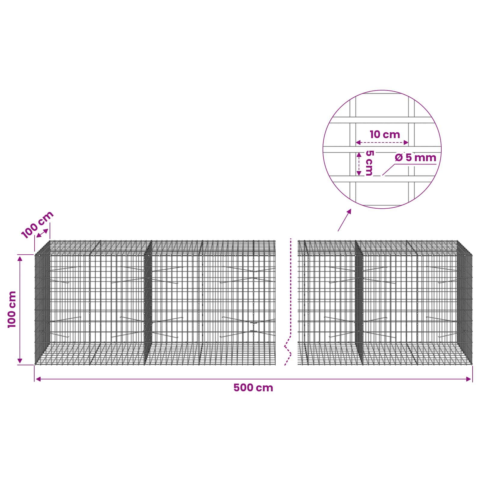 Gabion z žico 5 mm in mrežo 5x10 cm 500x100x100 cm