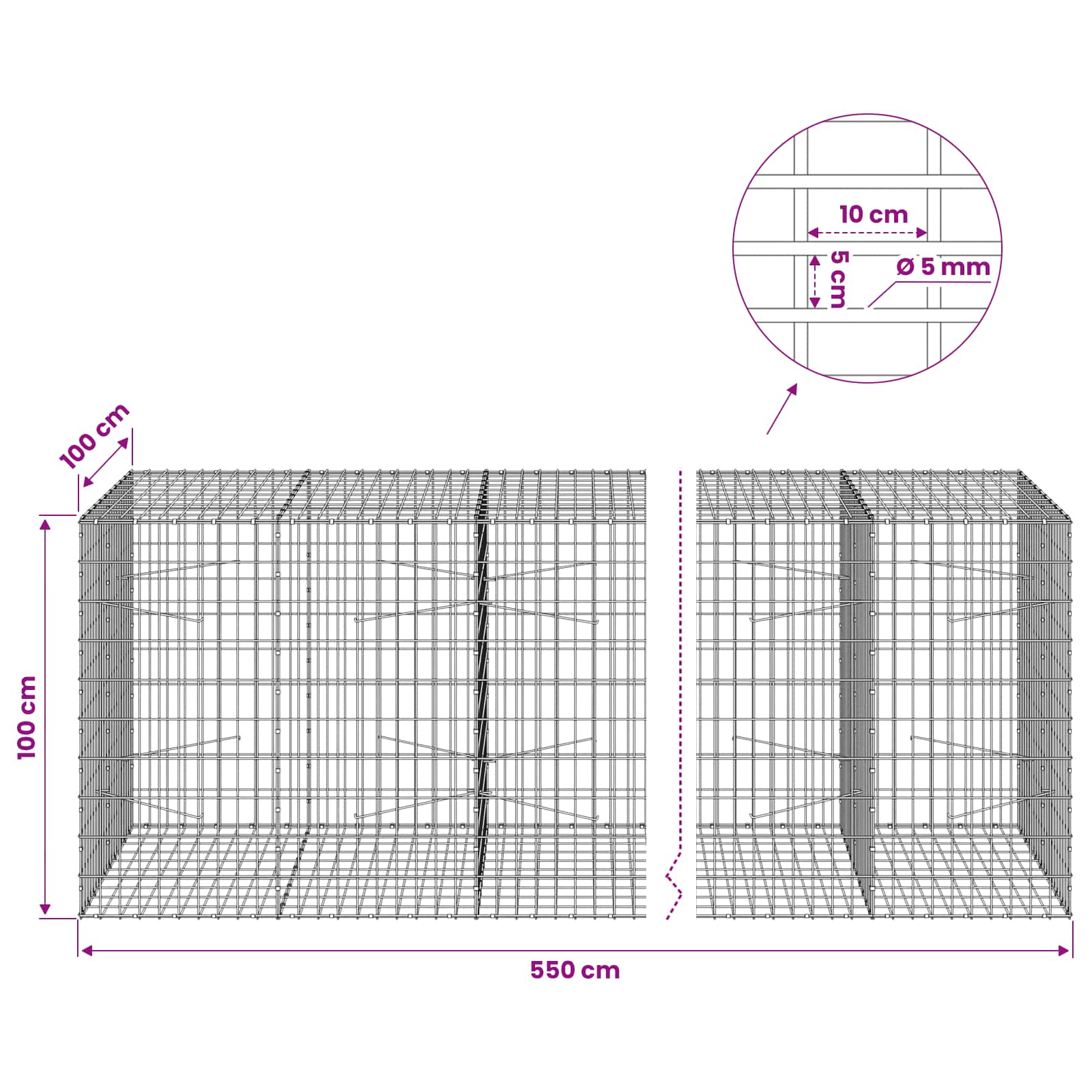 Gabion z žico 5 mm in mrežo 5x10 cm 550x100x100 cm