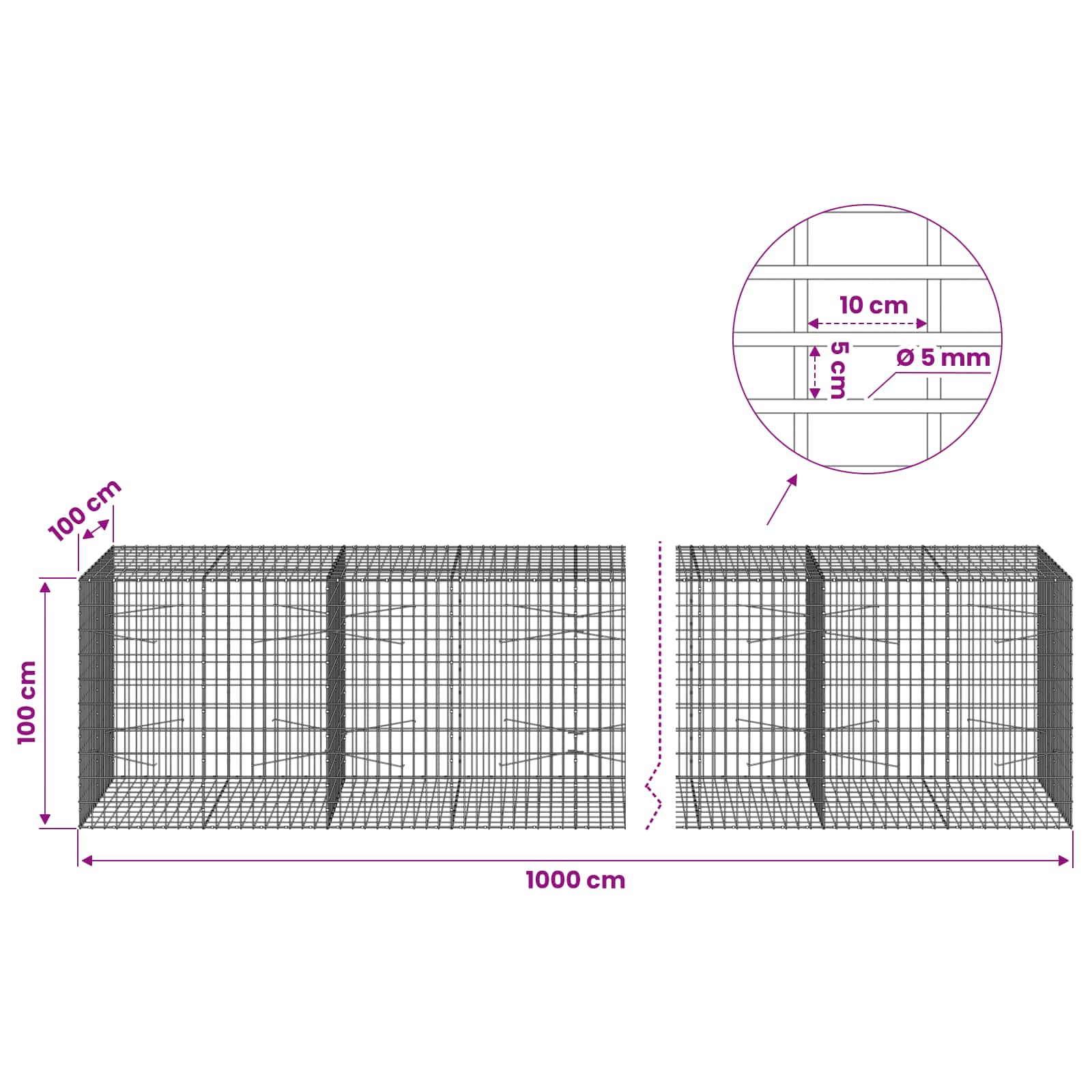 Gabion z žico 5 mm in mrežo 5x10 cm 1000x100x100 cm
