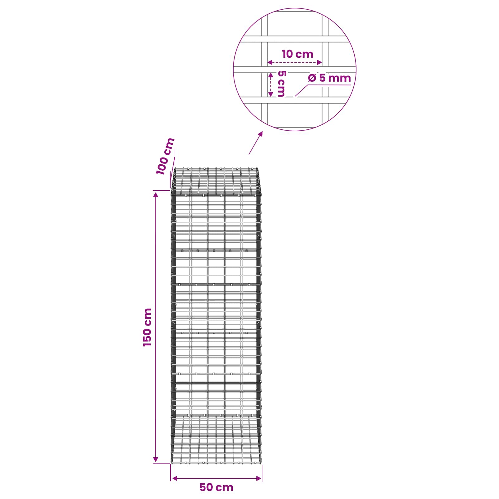 Gabion z žico 5 mm in mrežo 5x10 cm 50x100x150 cm