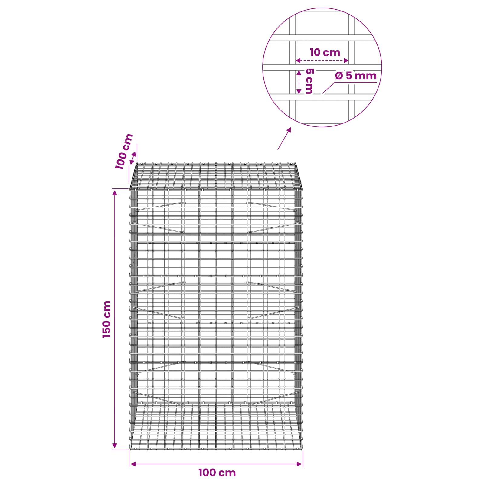 Gabion z žico 5 mm in mrežo 5x10 cm 100x100x150 cm