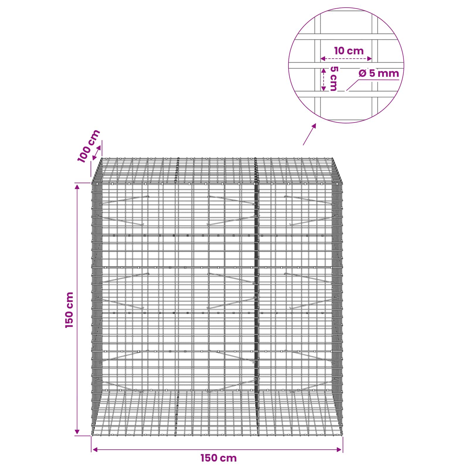 Gabion z žico 5 mm in mrežo 5x10 cm 150x100x150 cm