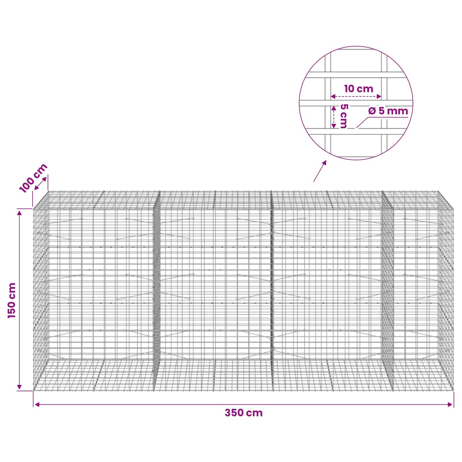 Gabion z žico 5 mm in mrežo 5x10 cm 350x100x150 cm
