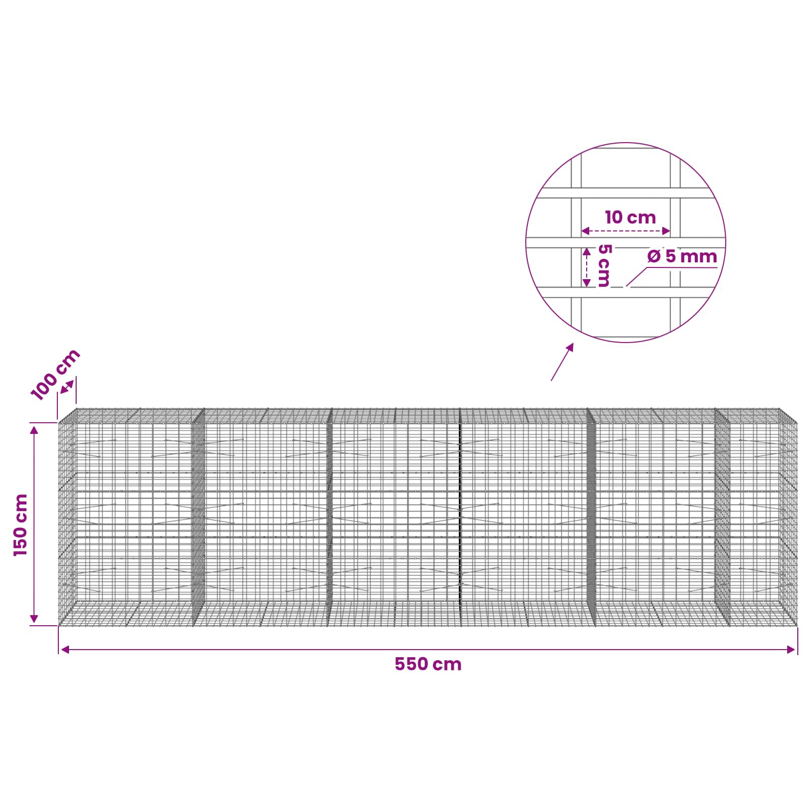 Gabion z žico 5 mm in mrežo 5x10 cm 550x100x150 cm