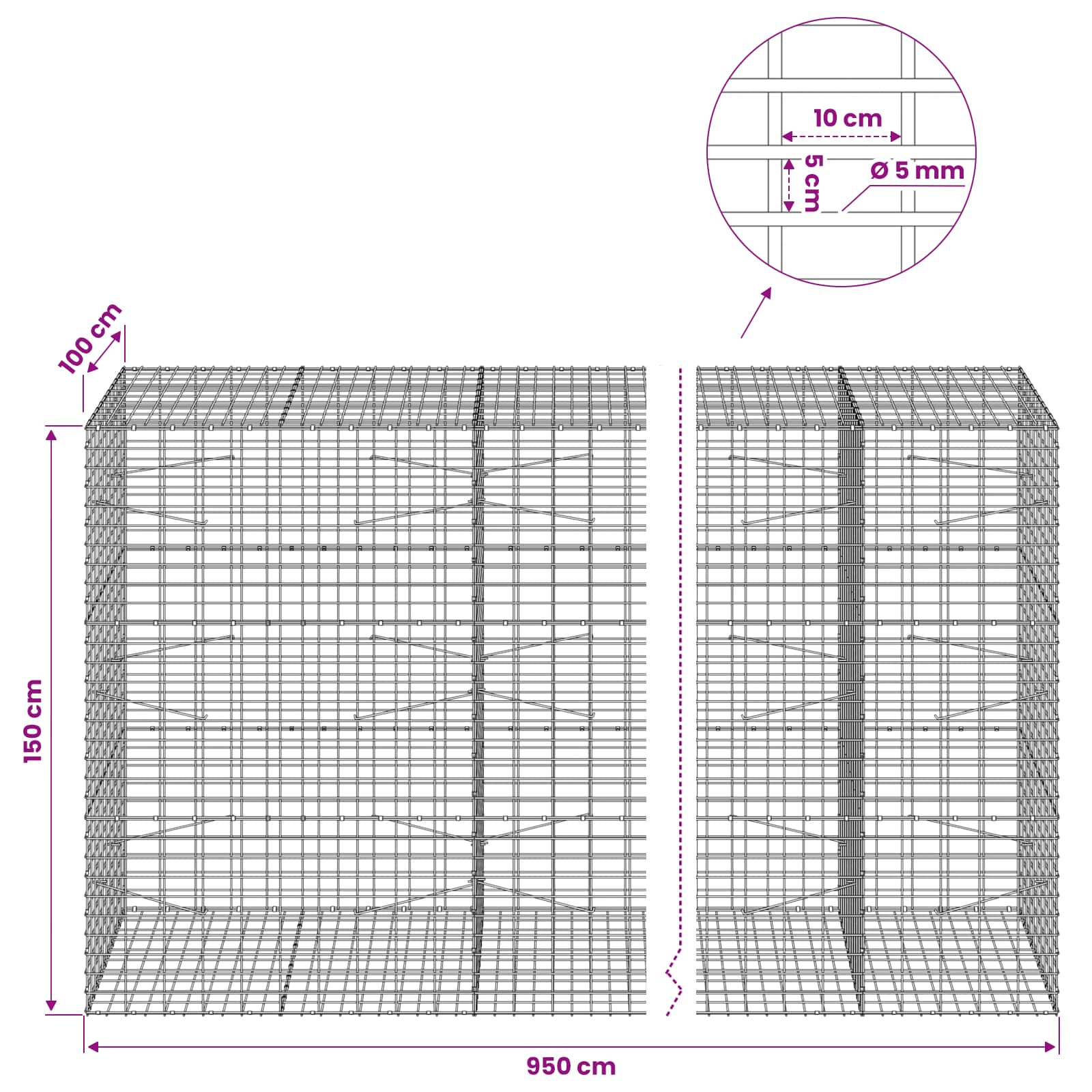 Gabion z žico 5 mm in mrežo 5x10 cm 950x100x150 cm