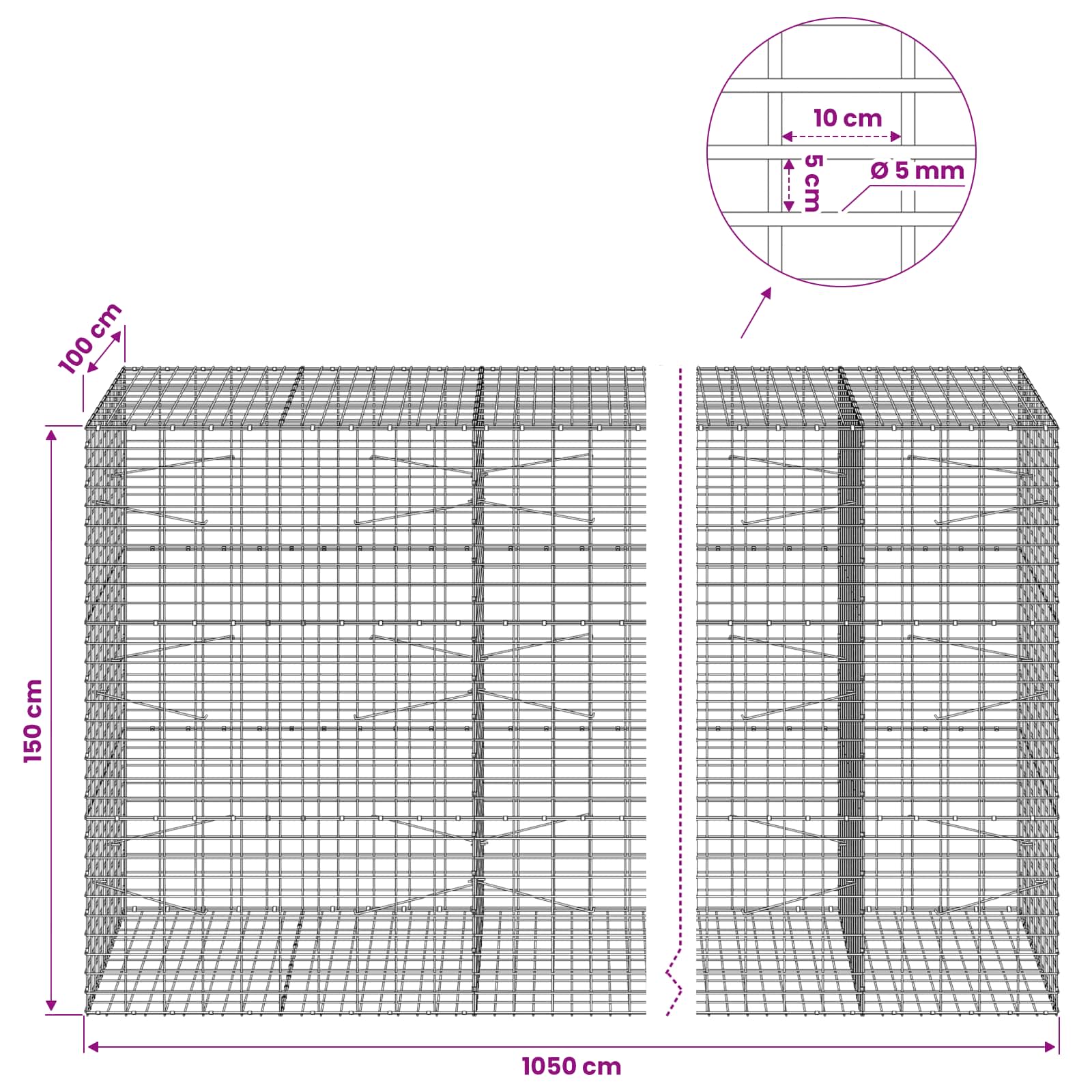 Gabion z žico 5 mm in mrežo 5x10 cm 1050x100x150 cm