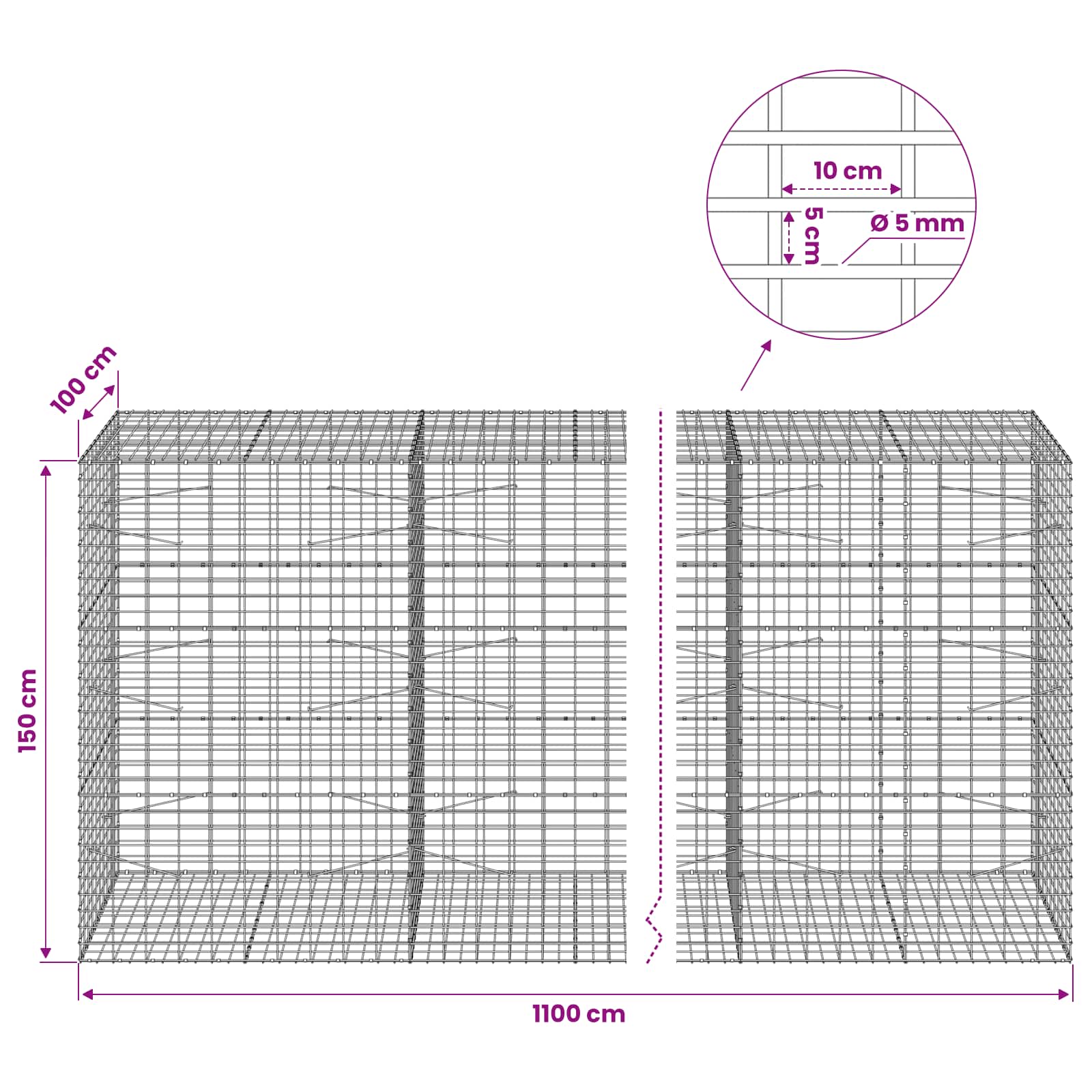 Gabion z žico 5 mm in mrežo 5x10 cm 1100x100x150 cm