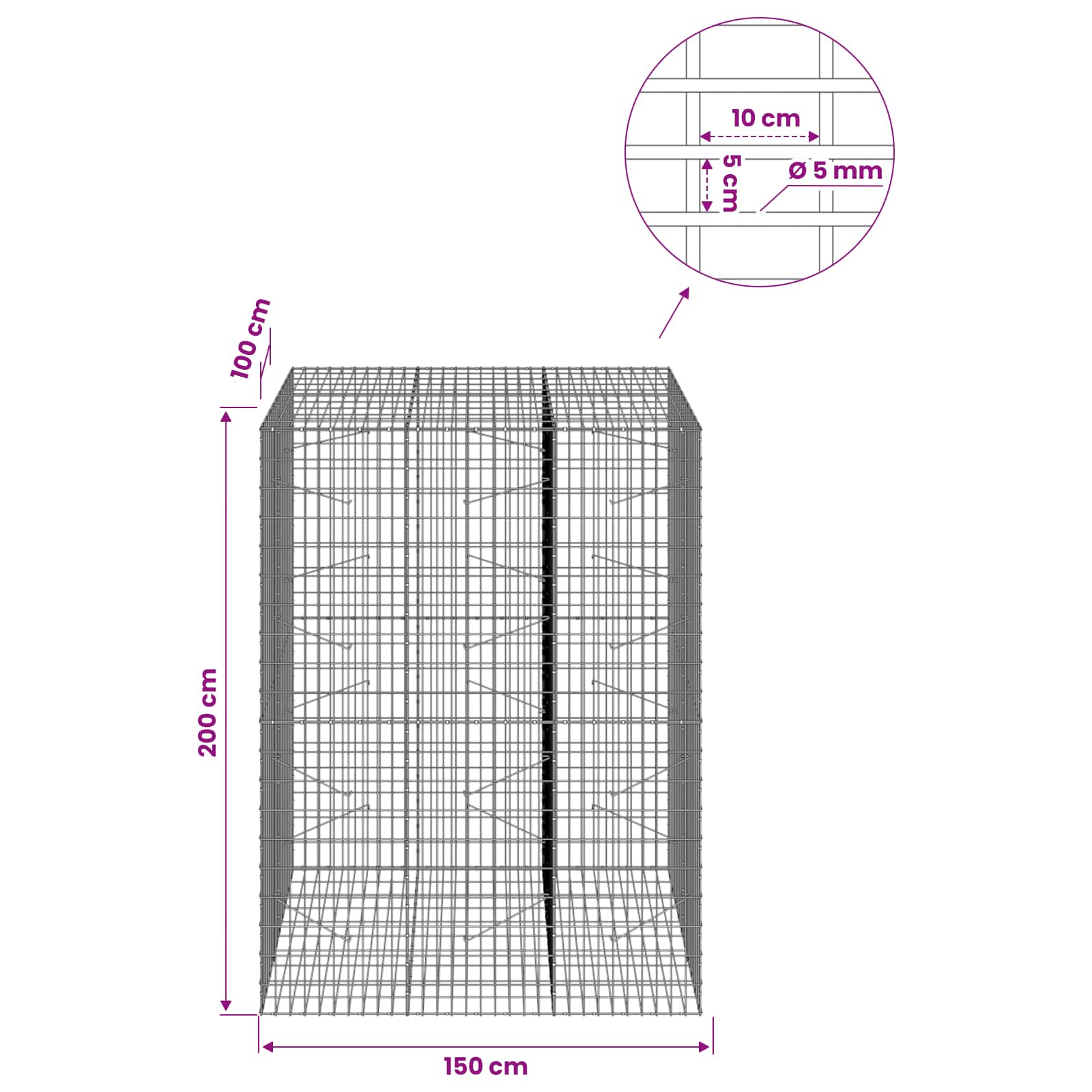 Gabion z žico 5 mm in mrežo 5x10 cm 150x100x200 cm