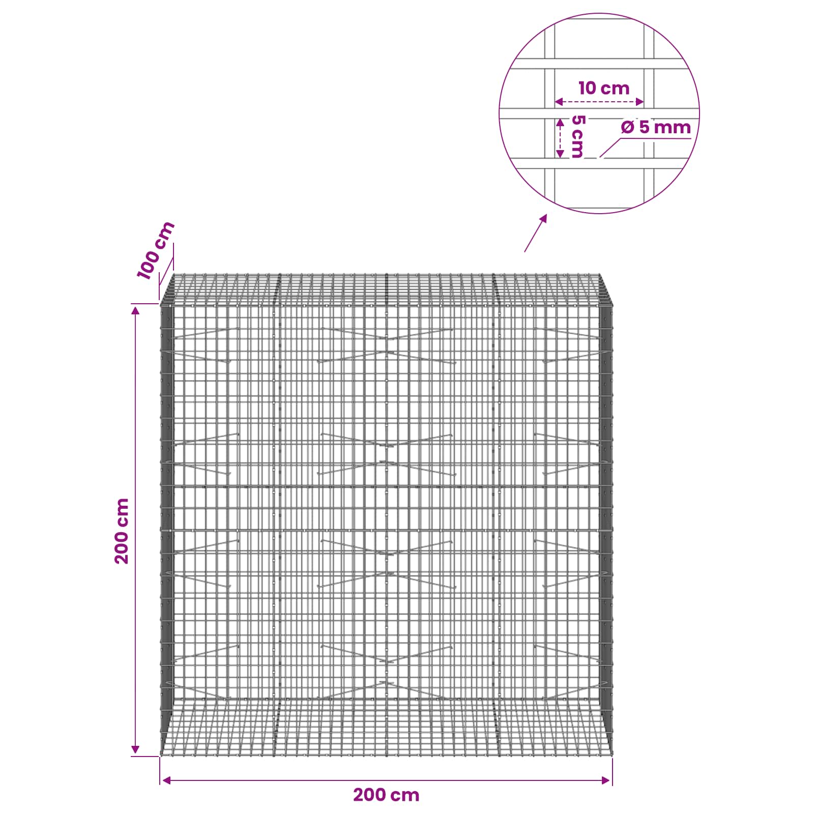 Gabion z žico 5 mm in mrežo 5x10 cm 200x100x200 cm