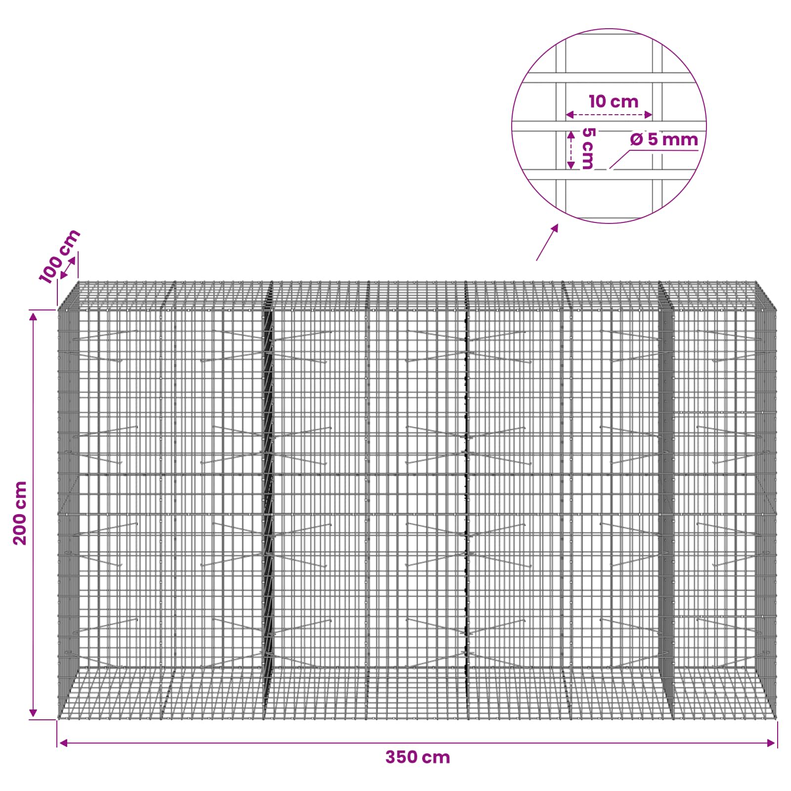 Gabion z žico 5 mm in mrežo 5x10 cm 350x100x200 cm
