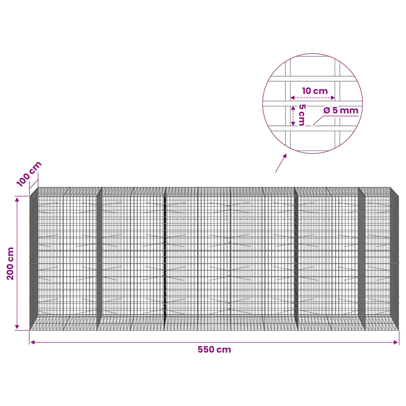 Gabion z žico 5 mm in mrežo 5x10 cm 550x100x200 cm