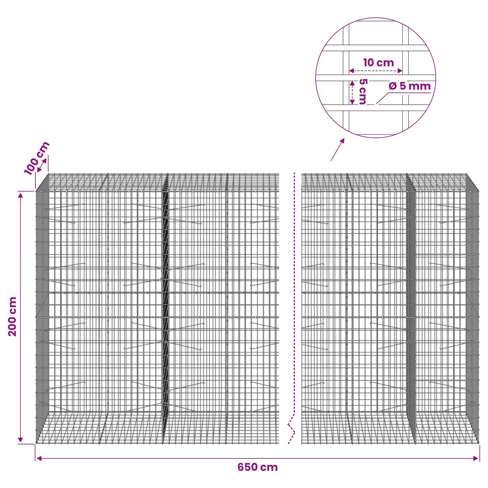 Gabion z žico 5 mm in mrežo 5x10 cm 650x100x200 cm