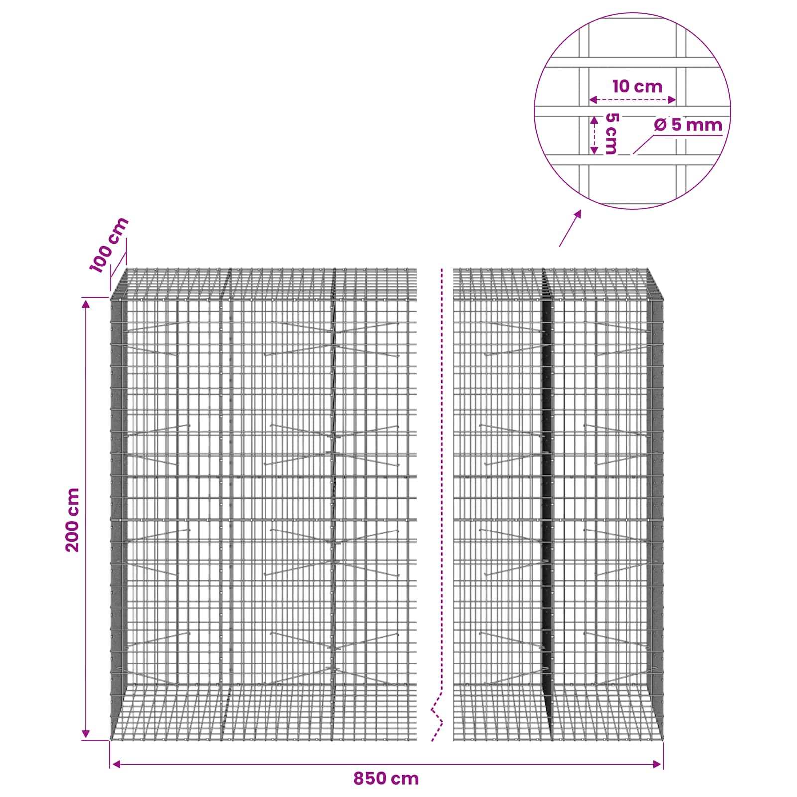 Gabion z žico 5 mm in mrežo 5x10 cm 850x100x200 cm