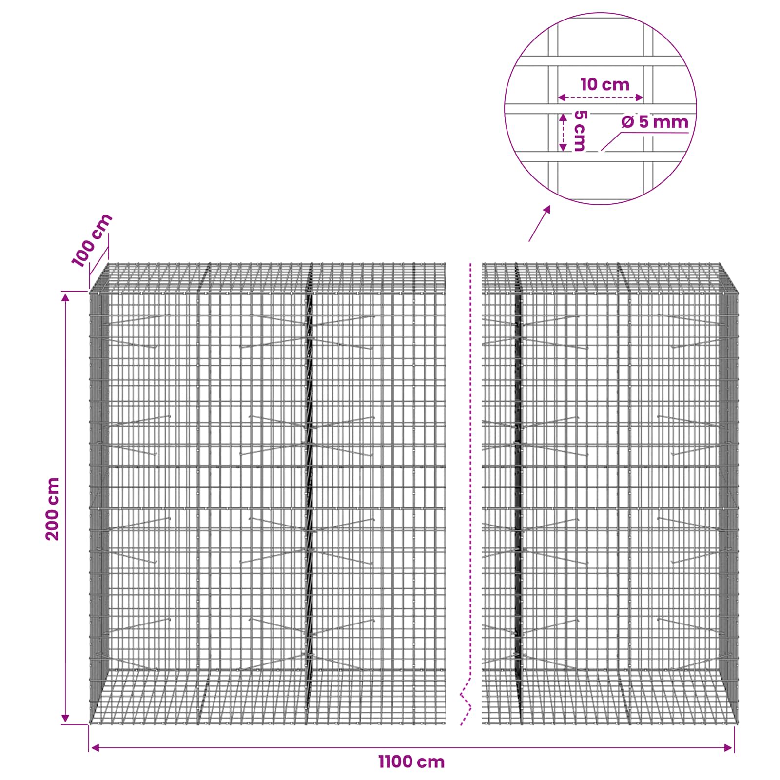 Gabion z žico 5 mm in mrežo 5x10 cm 1100x100x200 cm