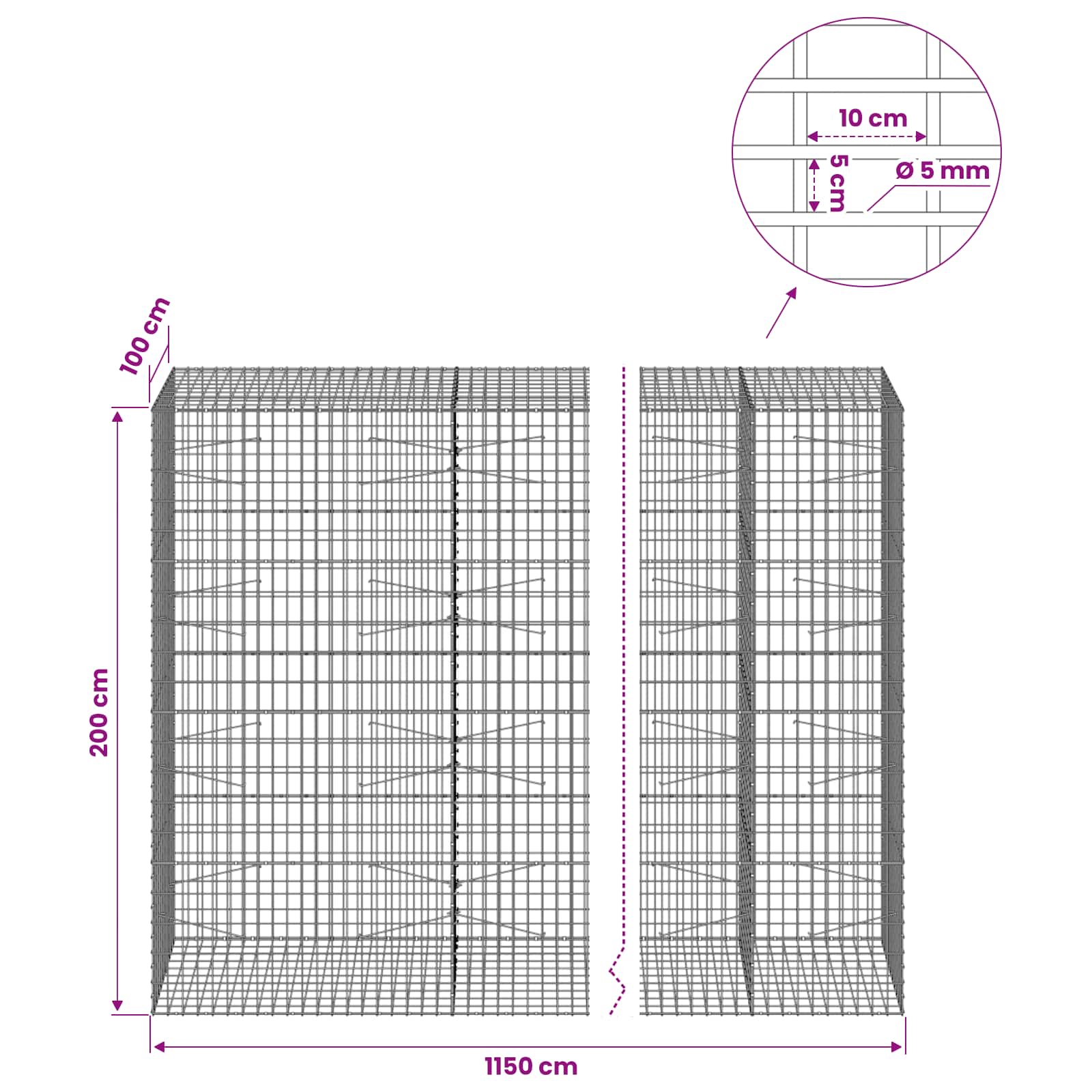 vidaXL Gabione mit 5 mm Draht und 5x10 cm Maschen 1150x100x200 cm – Bild 6