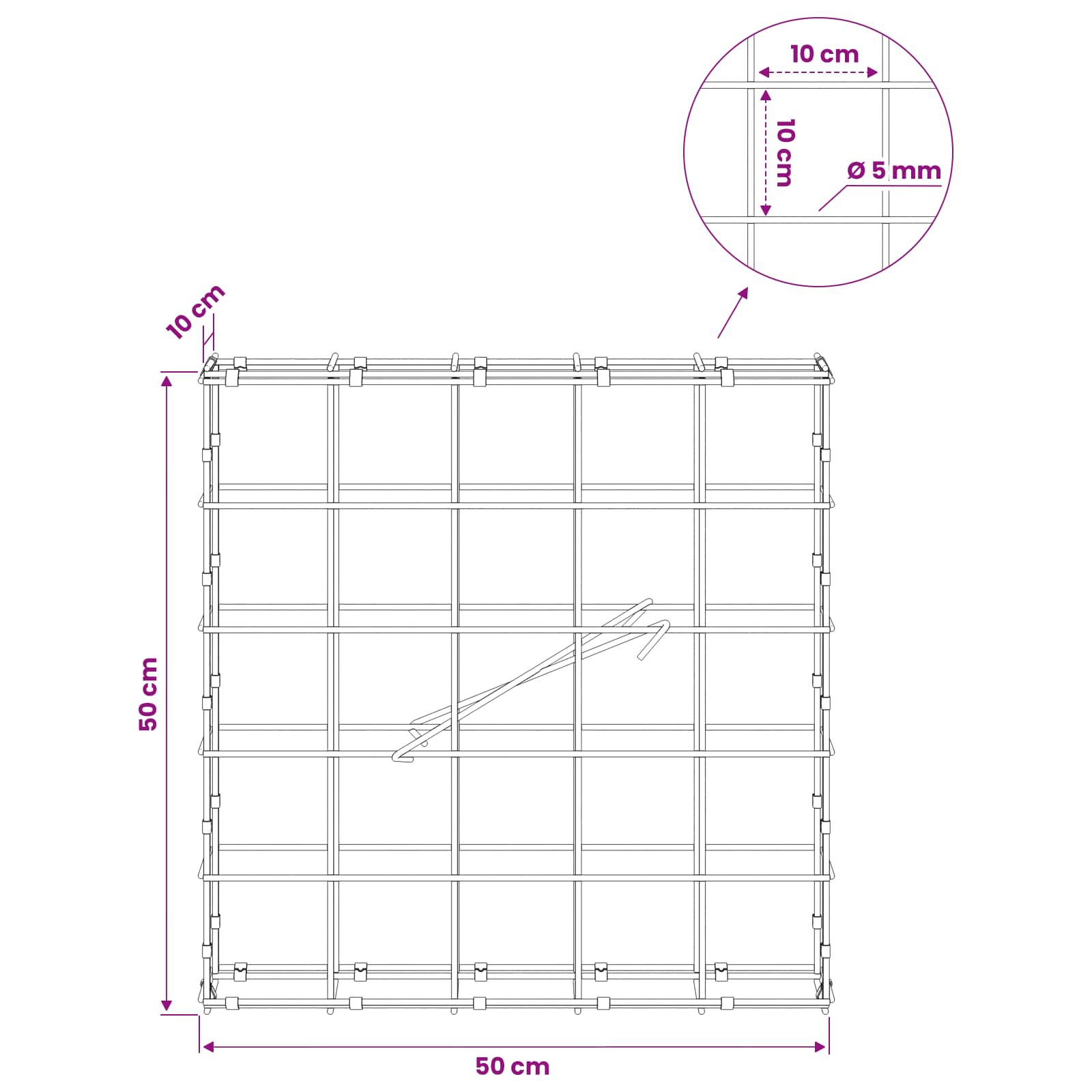 Gabion z žico 5 mm in mrežo 10x10 cm 50x10x50 cm