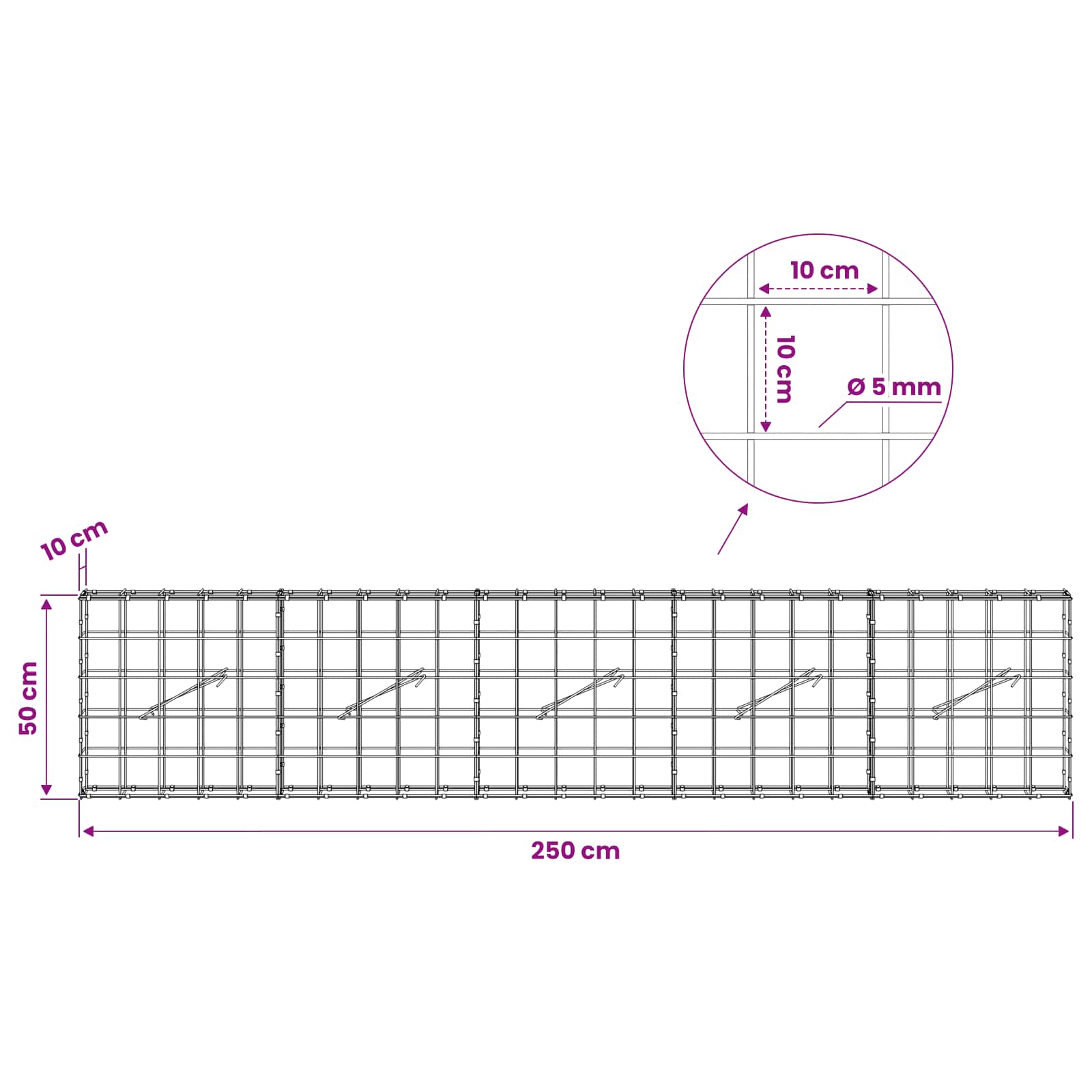 Gabion z žico 5 mm in mrežo 10x10 cm 250x10x50 cm