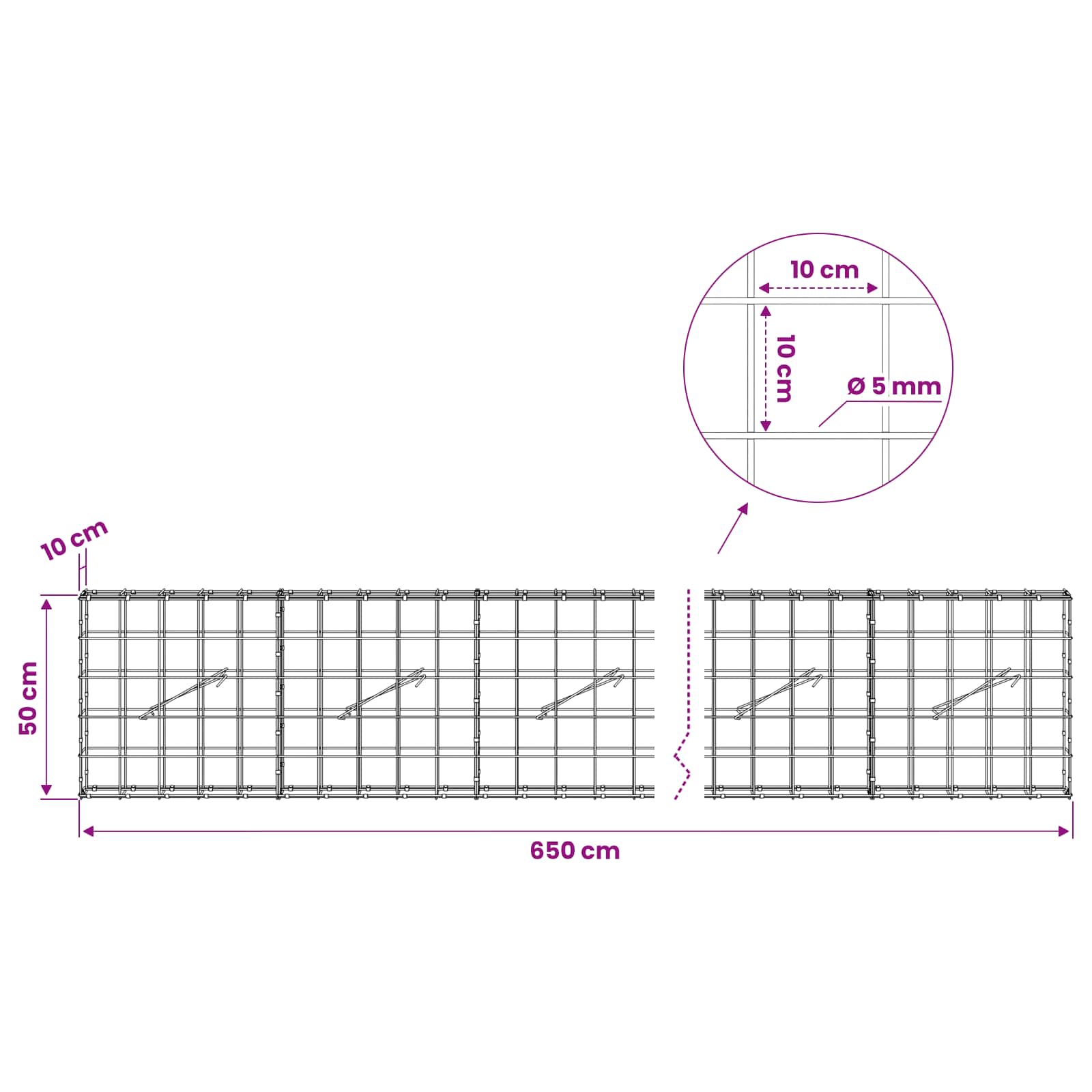 Gabion z žico 5 mm in mrežo 10x10 cm 650x10x50 cm