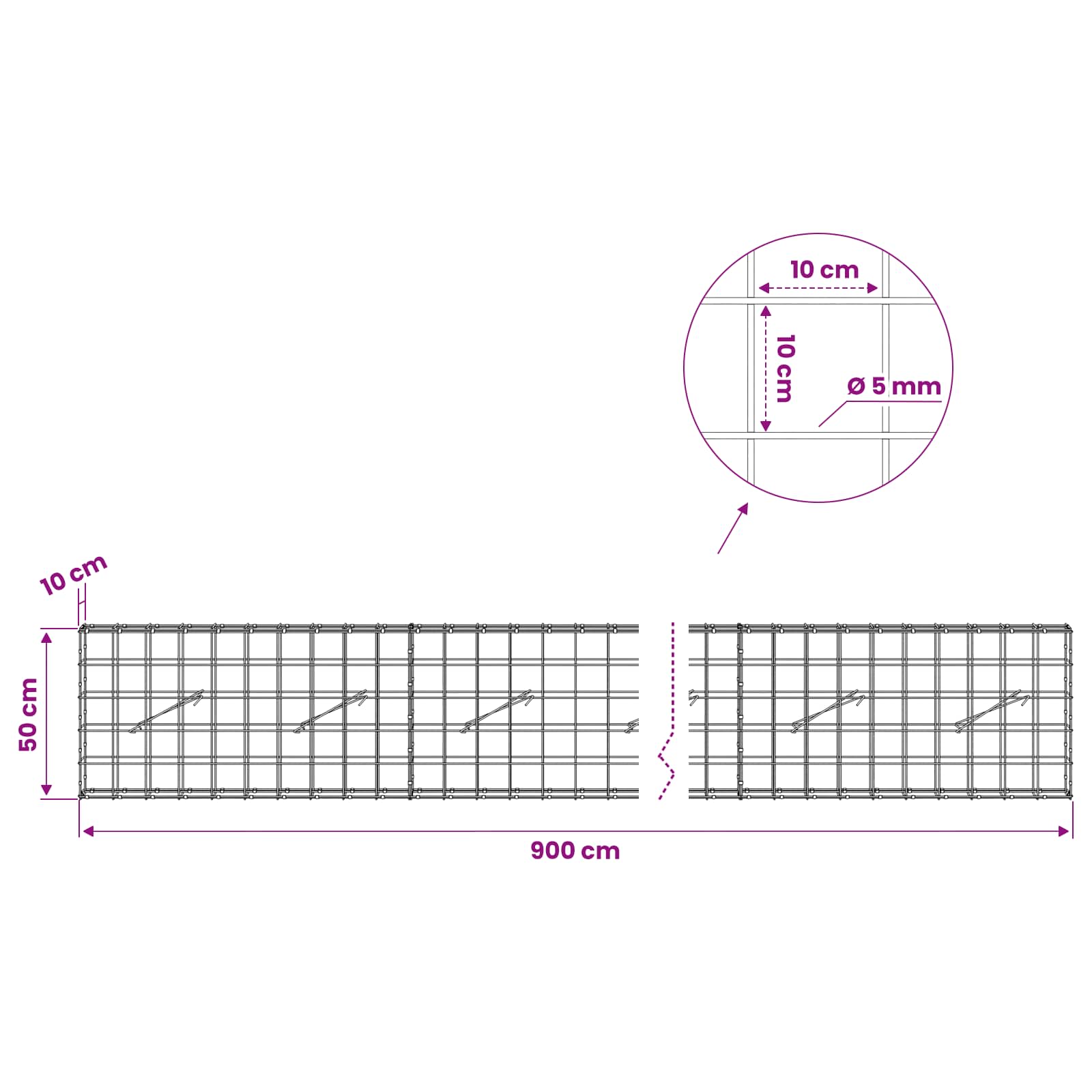 Gabion z žico 5 mm in mrežo 10x10 cm 900x10x50 cm